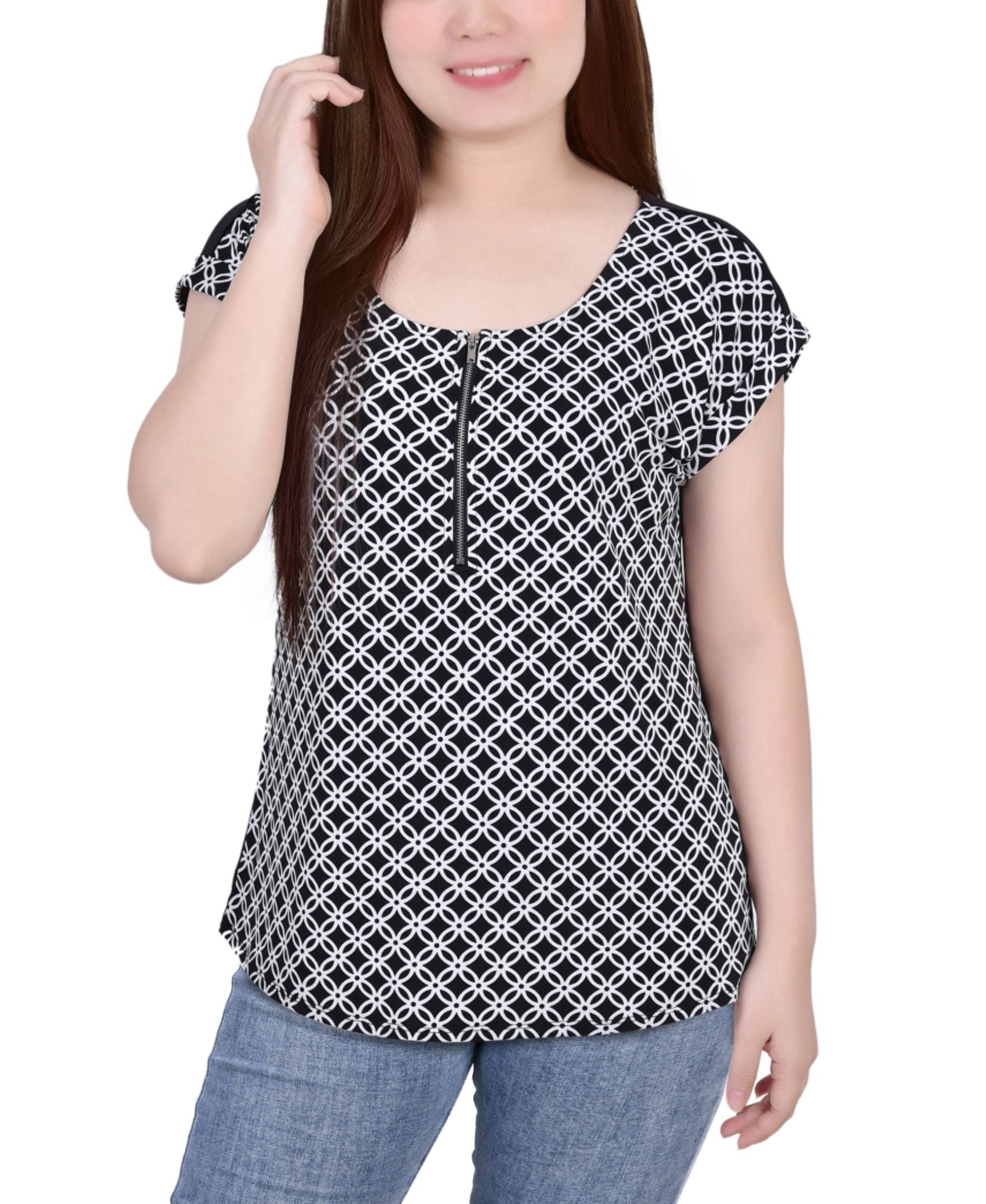 Petite Size Short-Sleeve 1/2 Zip Knit Premium Top
