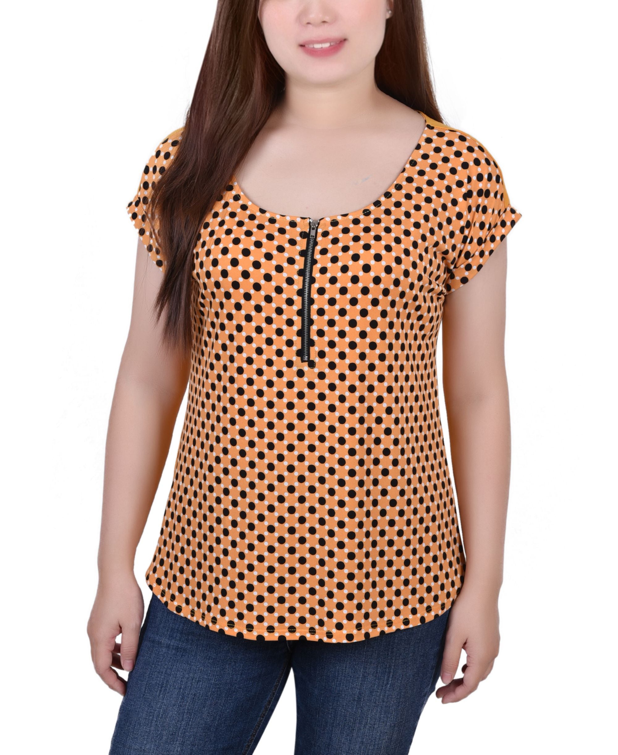 Petite Size Short-Sleeve 1/2 Zip Knit Premium Top