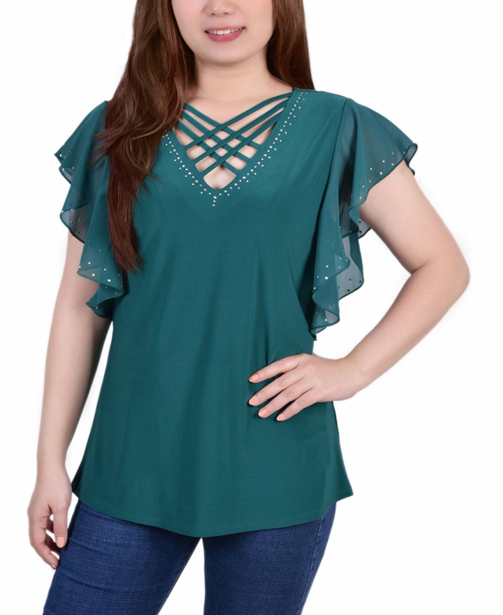 Petite Size Flutter-Sleeve Premium Top With Criss Cross Strips