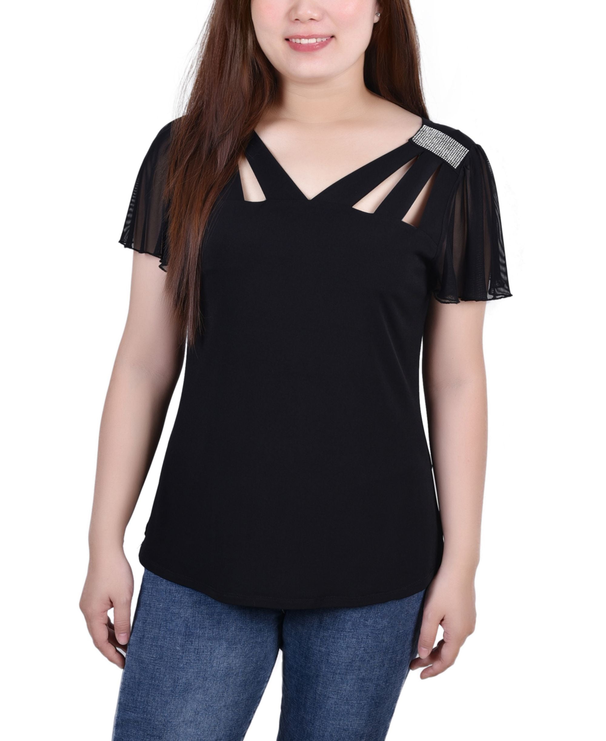 Petite Size Short Flutter-Sleeve Premium Top With Cutouts Stones