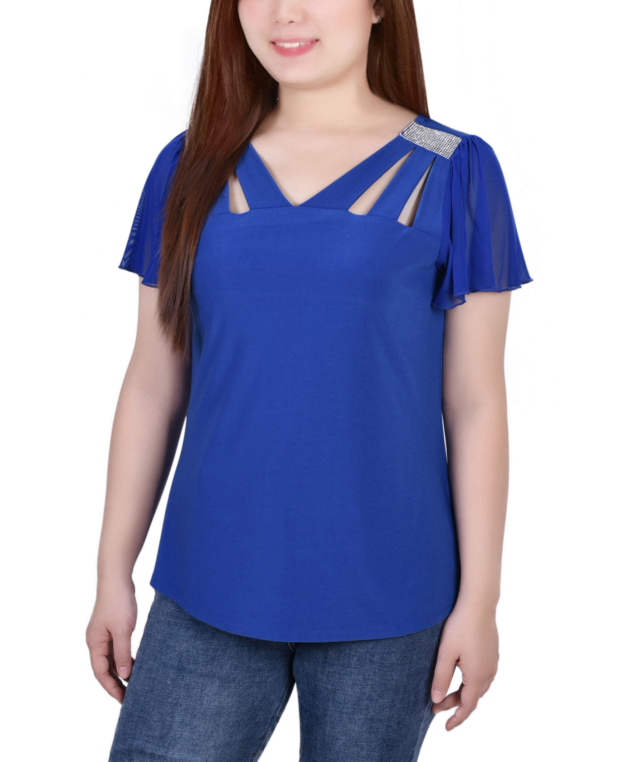 Petite Size Short Flutter-Sleeve Premium Top with Cutouts and Stones