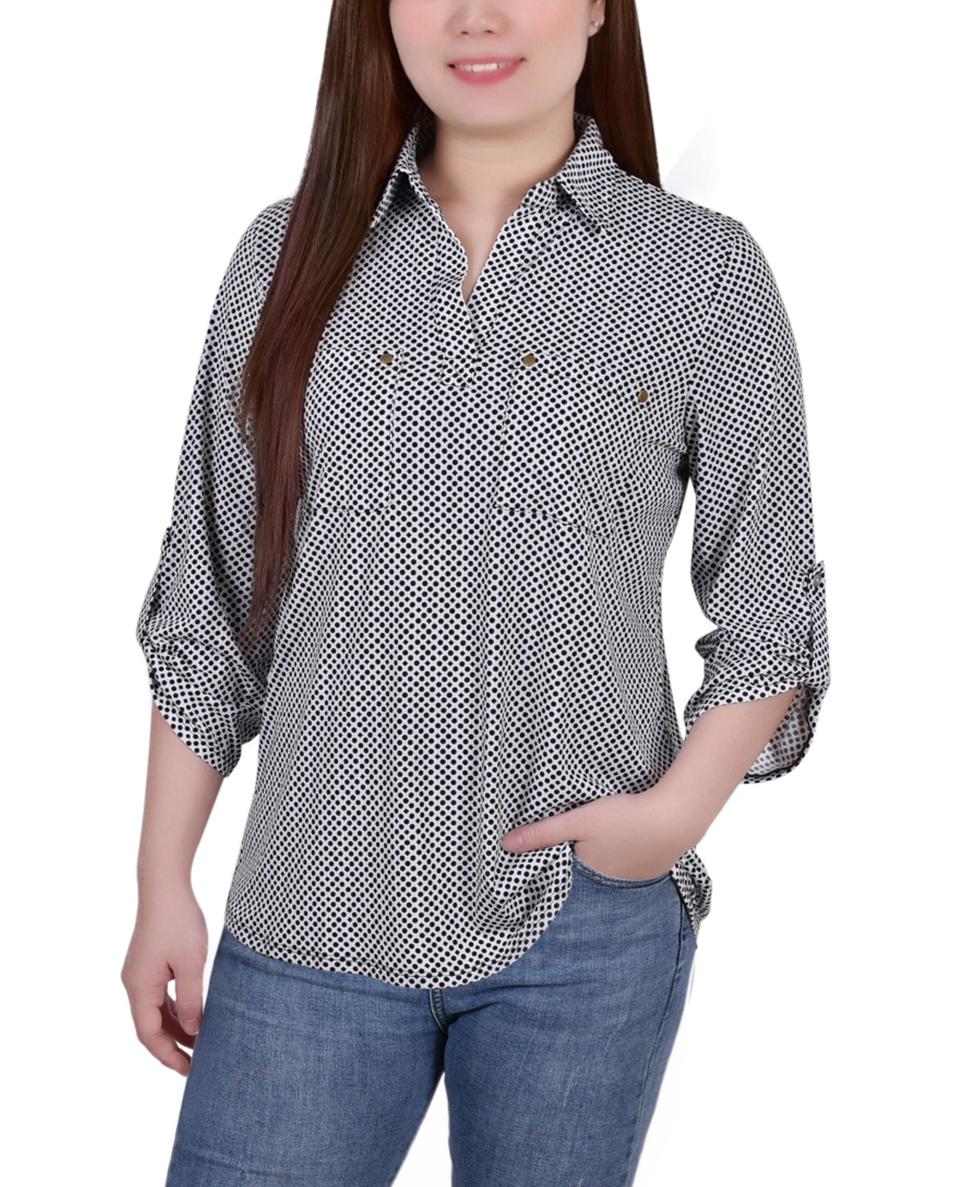 Women's 3/4 Ruched Sleeve Studded Y-neck Premium Top