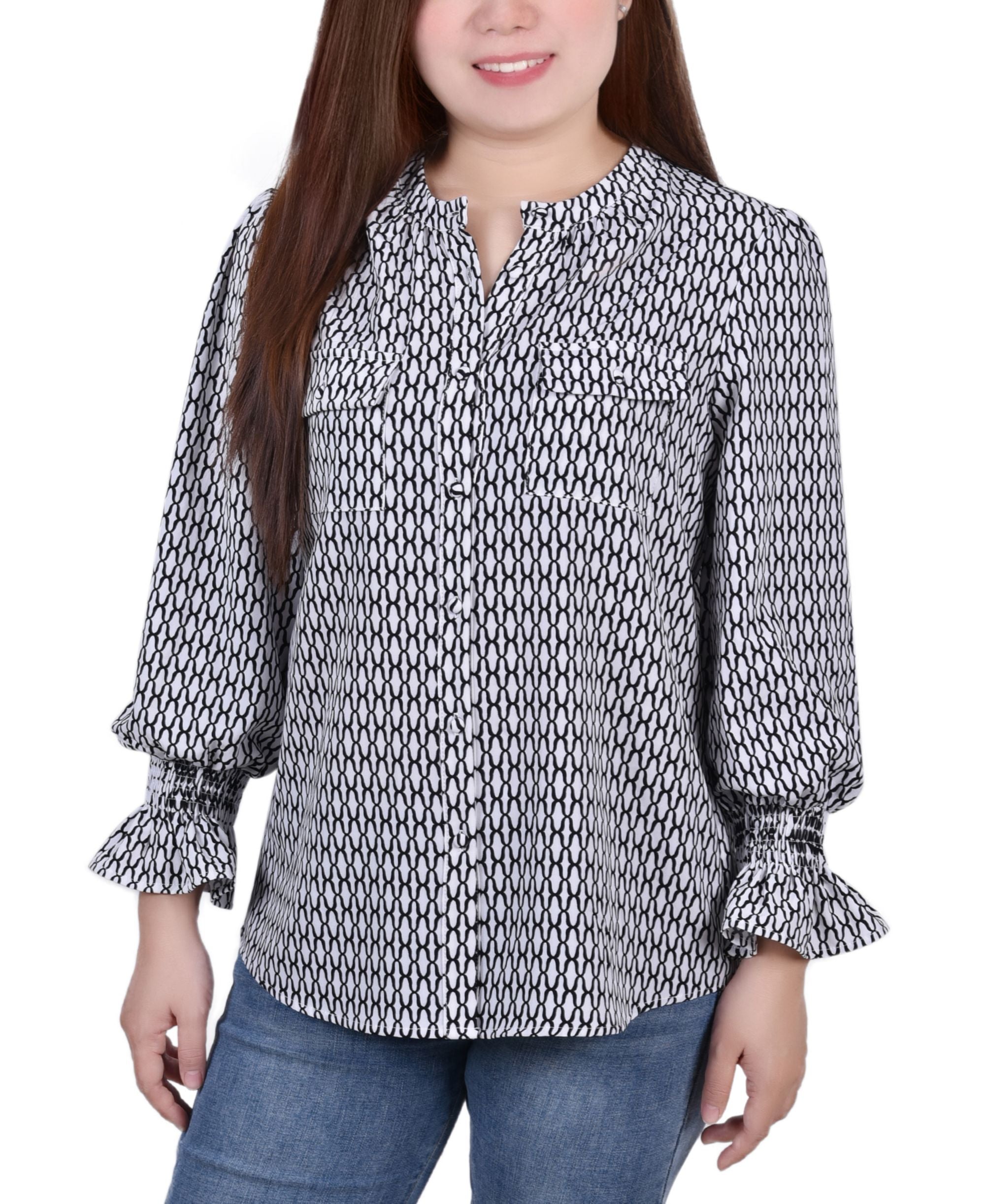 Petite Long-Sleeve Y Neck Signature Blouse