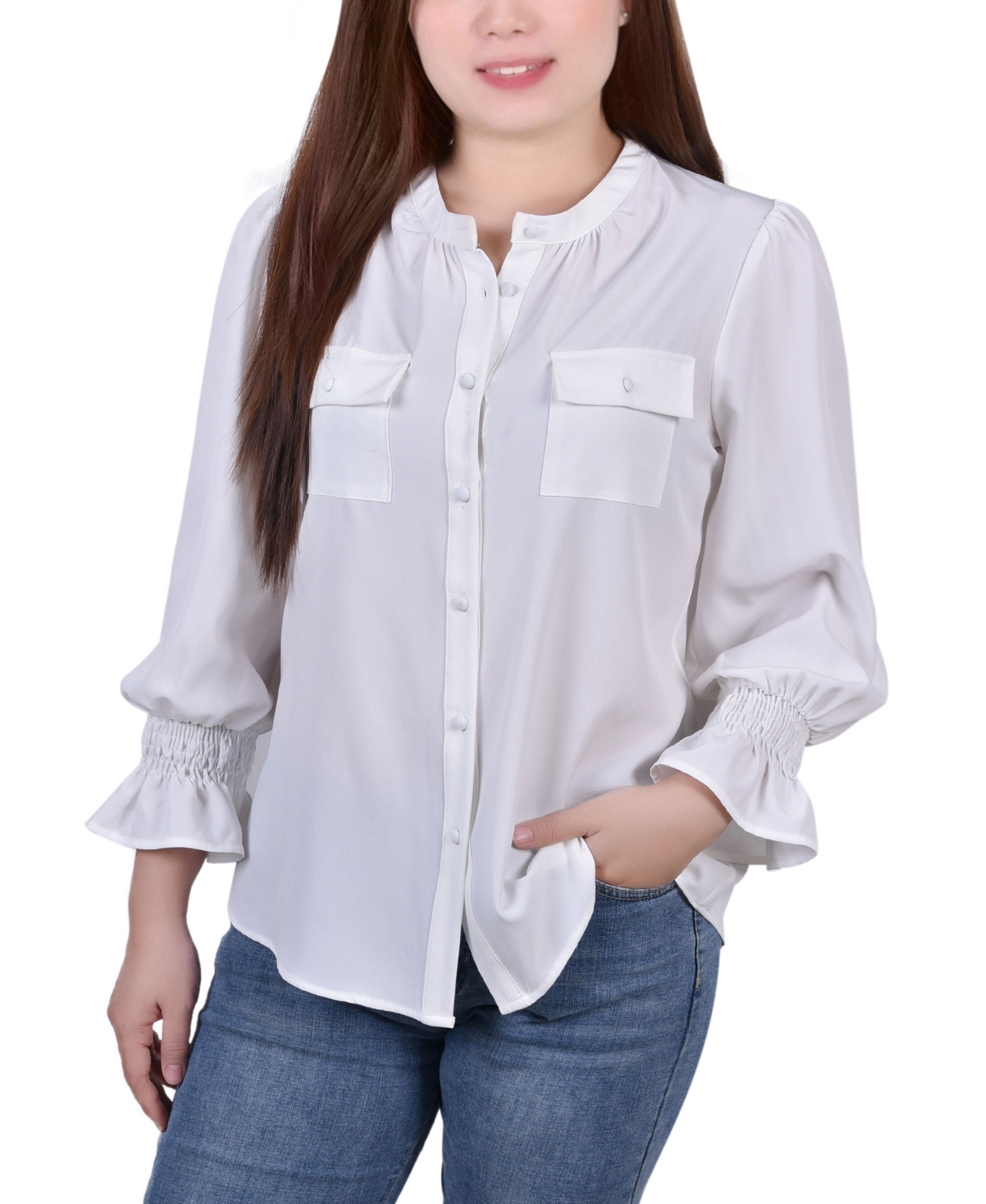 Petite Long-Sleeve Y-Neck Signature Blouse