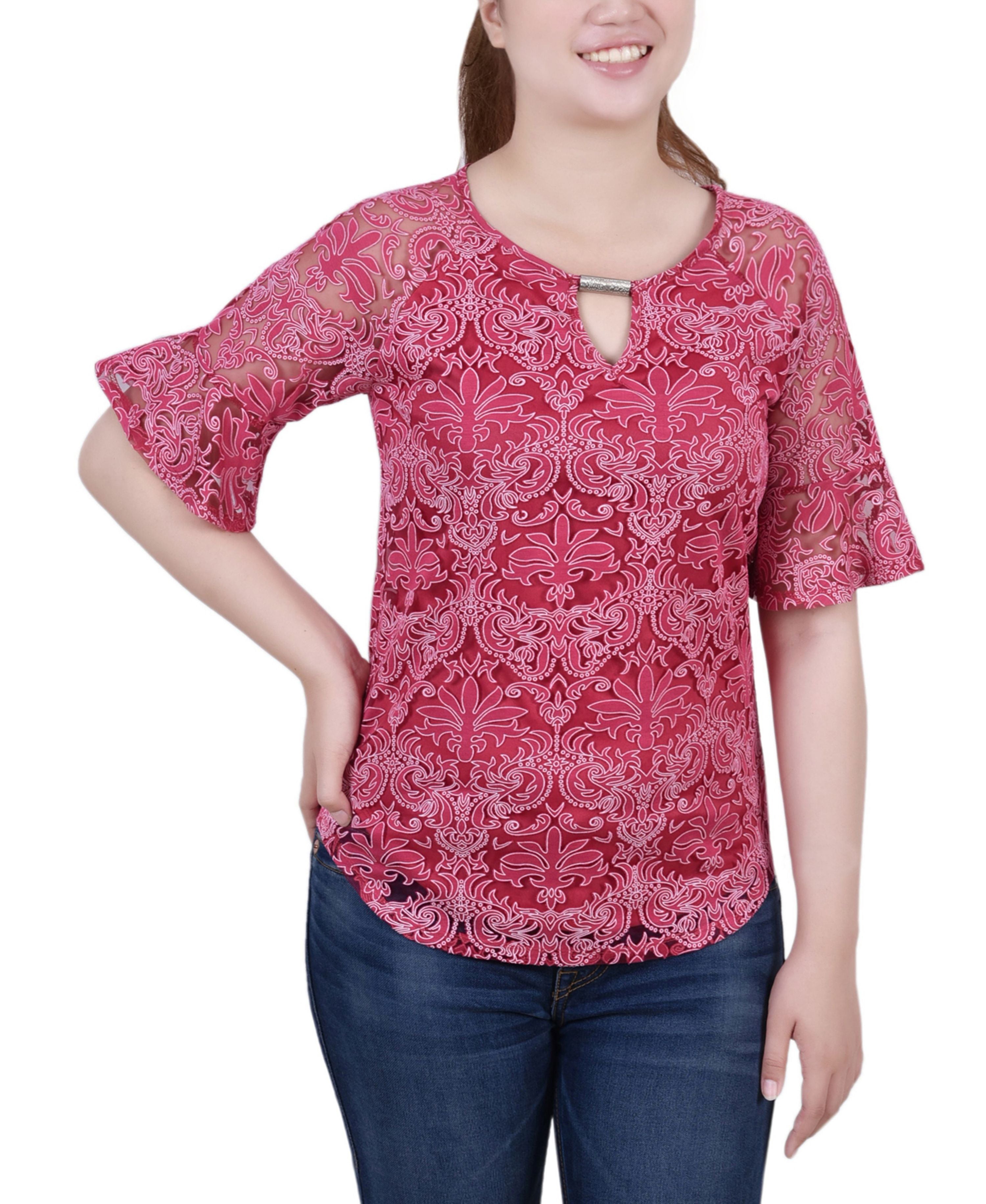 Petite Short Bell Sleeve Lace Signature Blouse