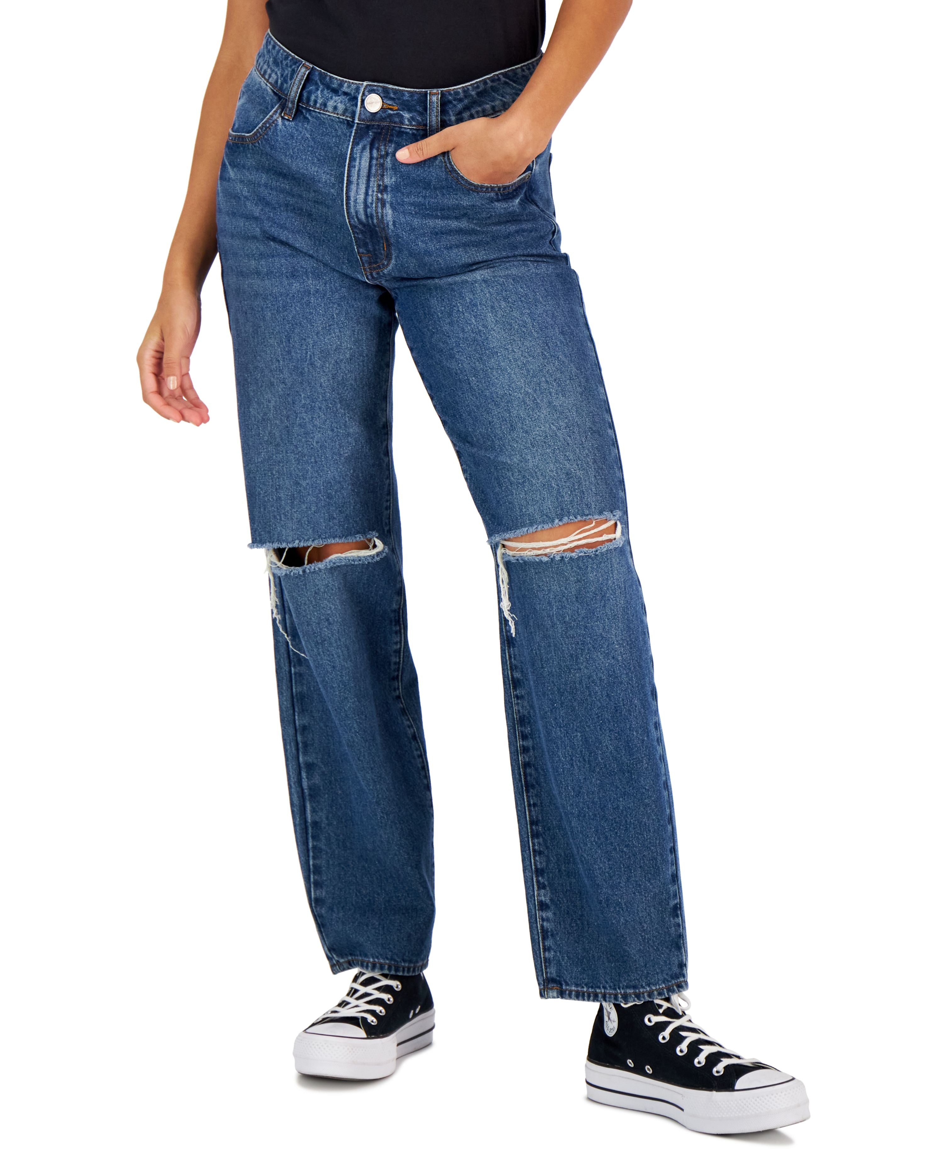 Juniors' Ripped Knee High-Rise Dad Premium Jeans