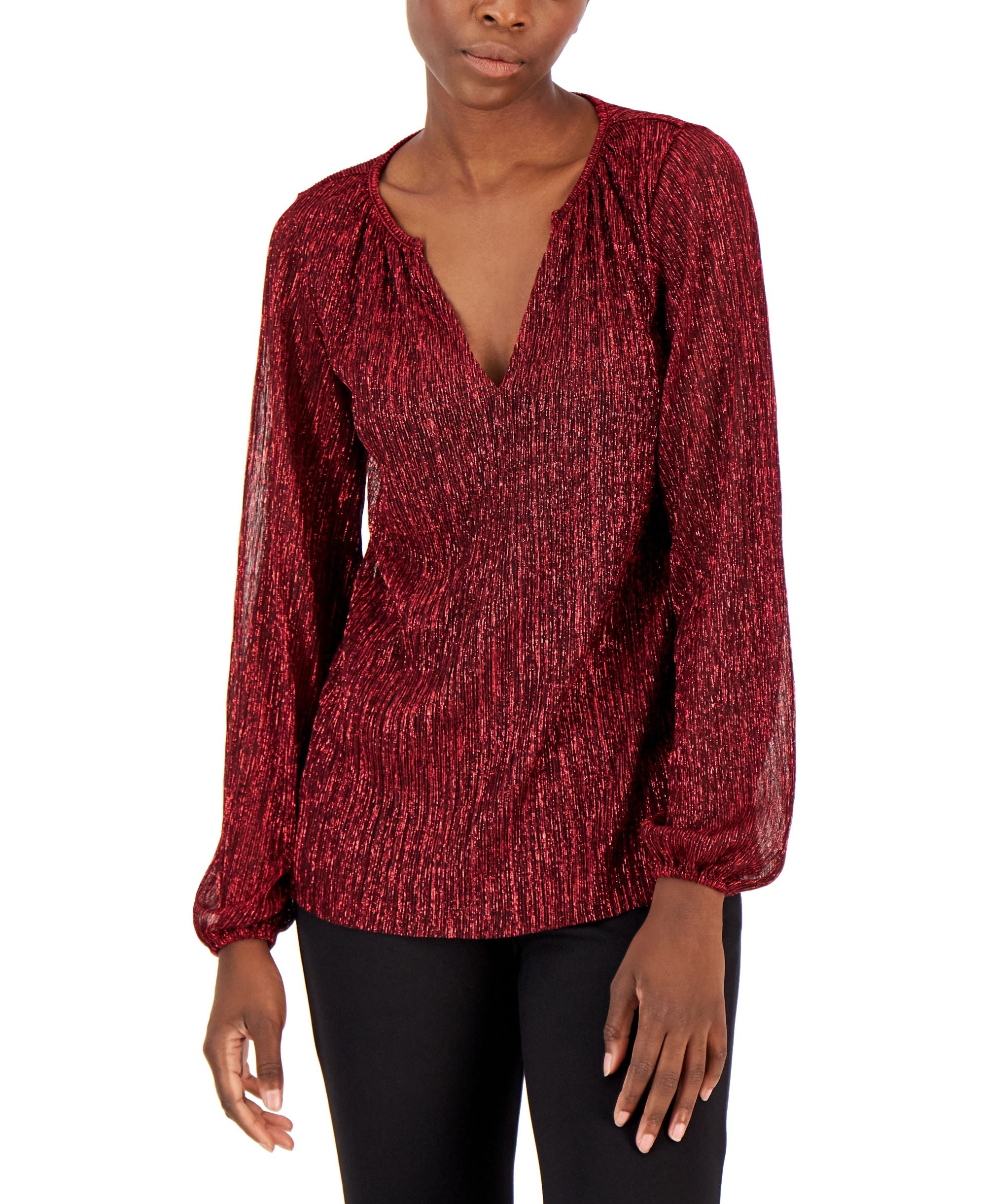 Alfani Womens Pleated Long-Sleeve Shimmer Premium Top
