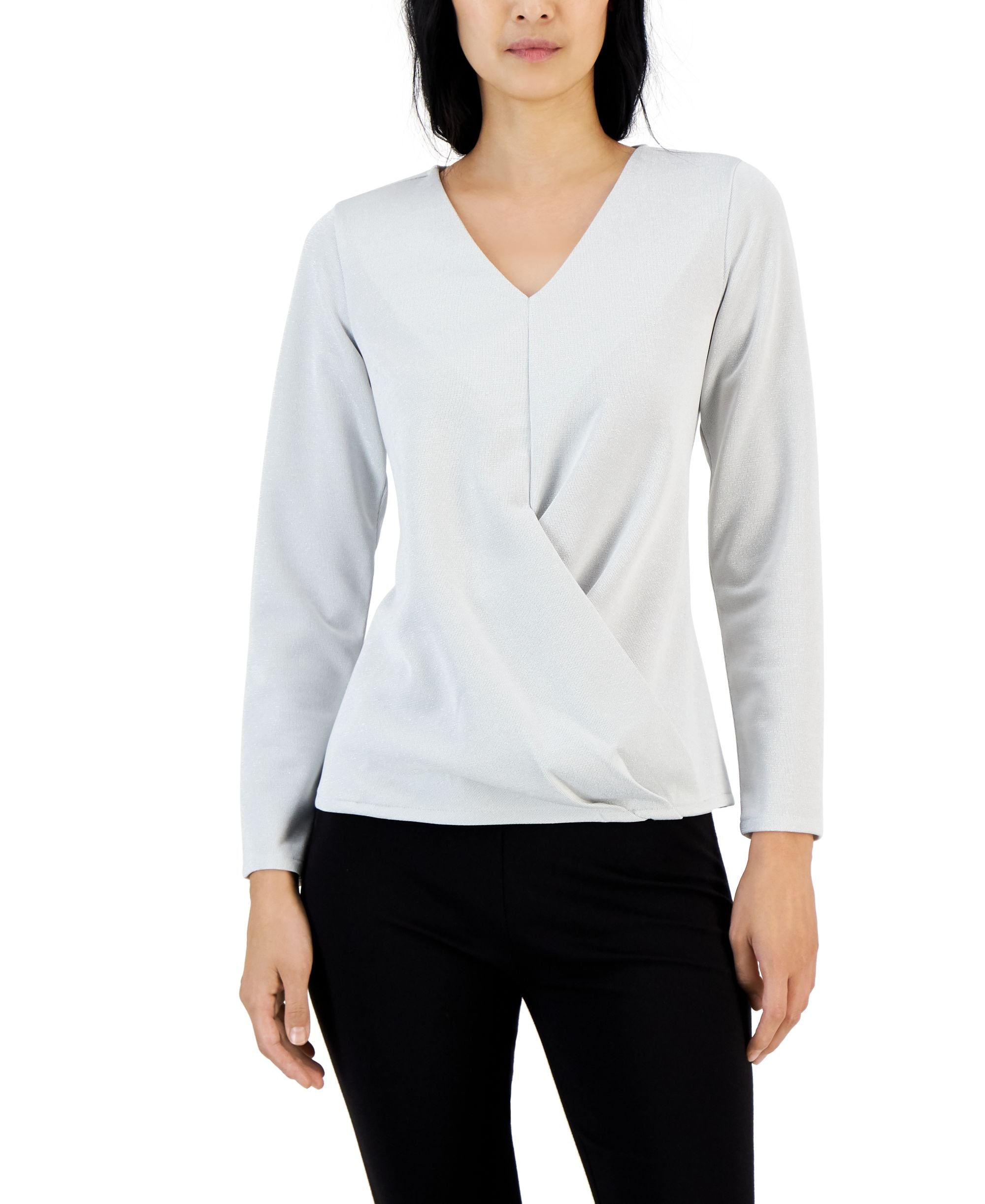 Alfani Womens Metallic Wrap Front Knit Premium Top