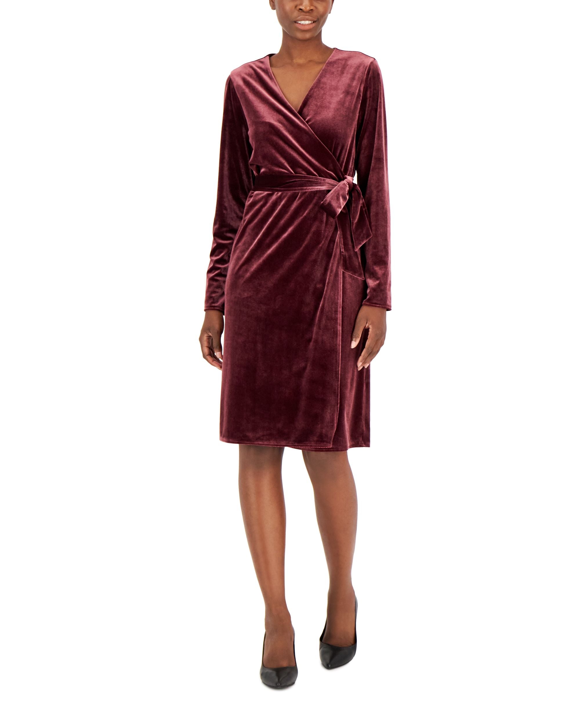 Alfani Womens Velvet Long-Sleeve Wrap Dress