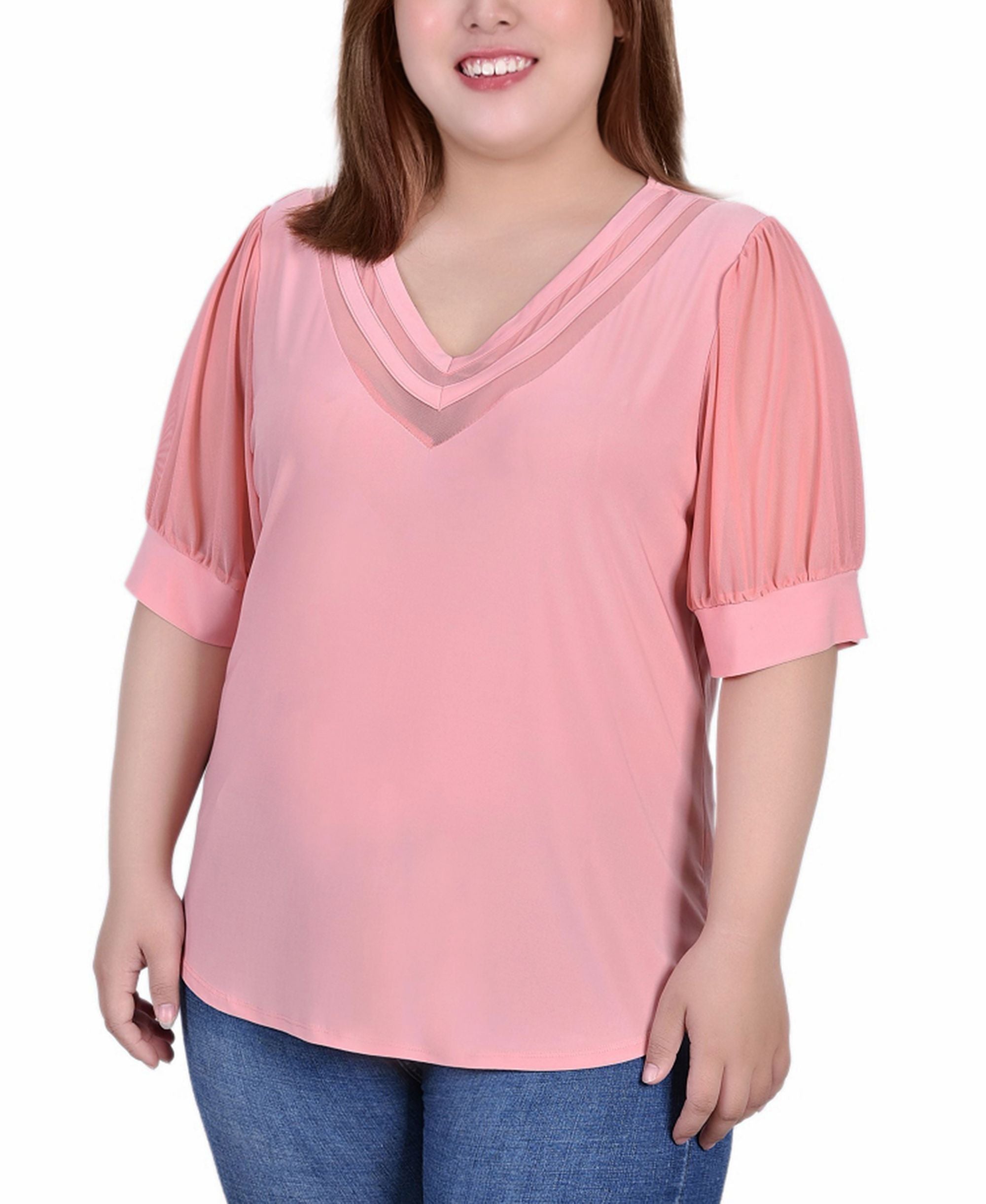 Plus Size Short Puff-Sleeve V Neck Premium Top
