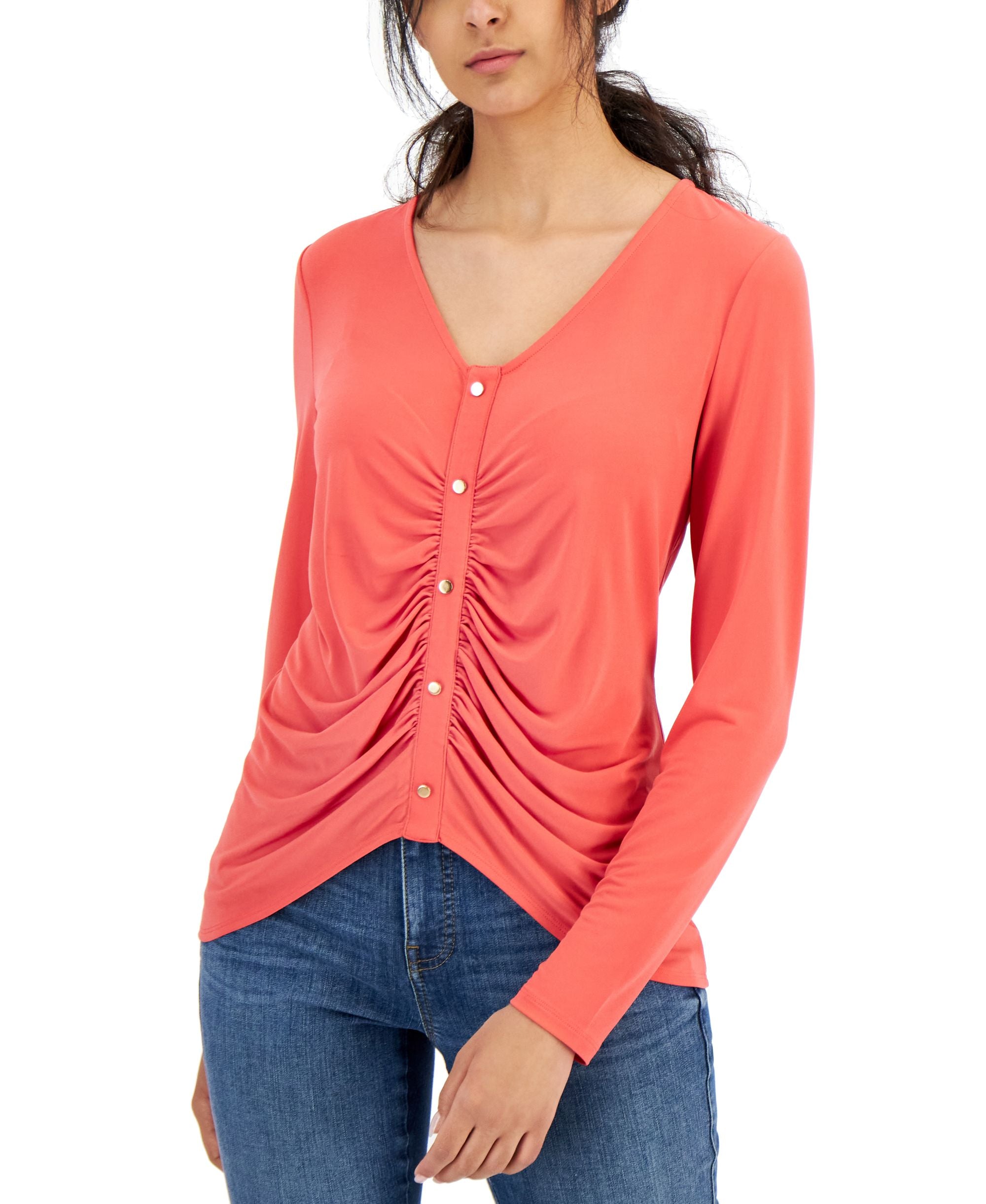 INC International Concepts Womens Ruched Button Detail Long-Sleeve Premium Top