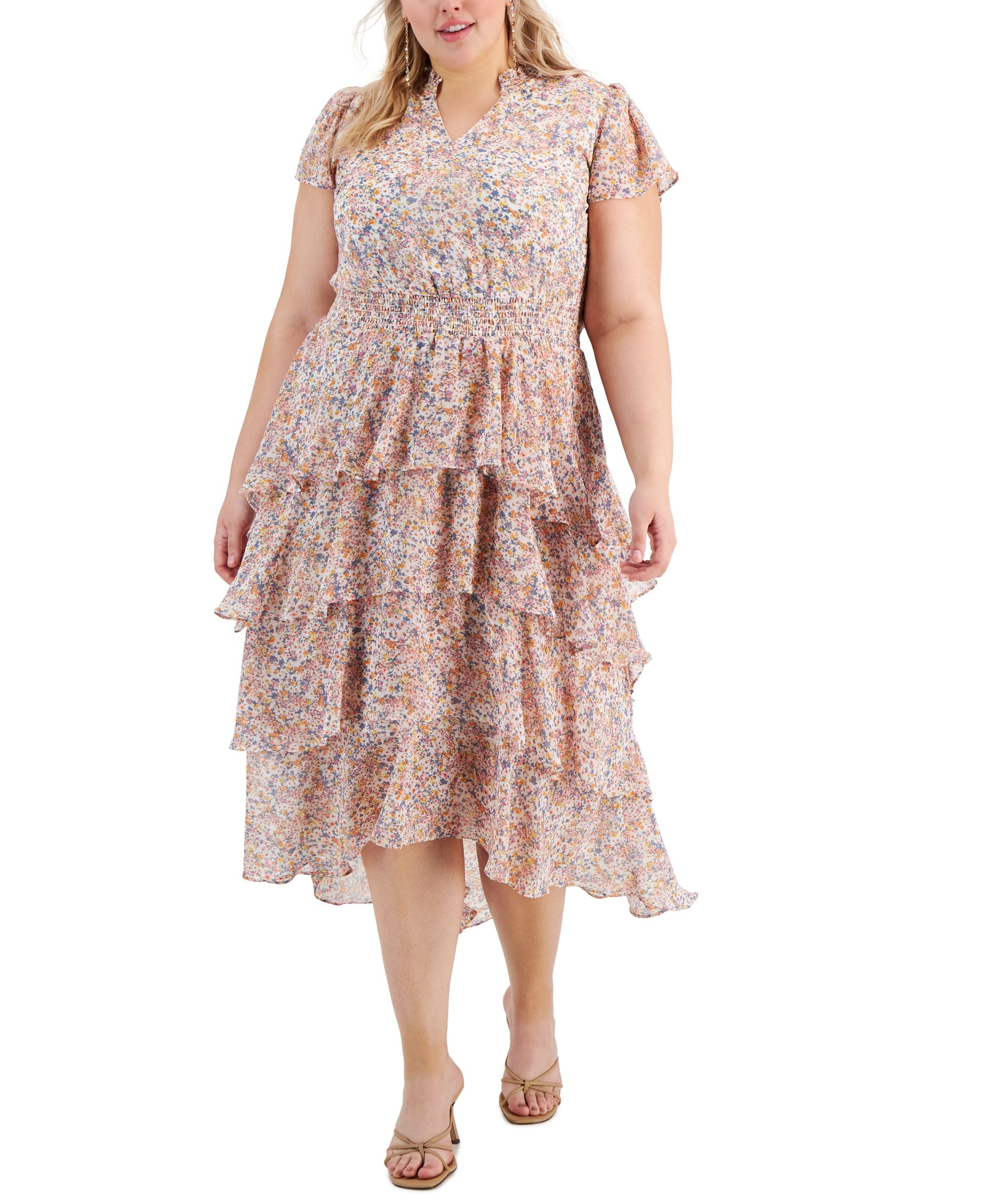 1.State Modern Plus Size Printed Tiered Flounce Ruffle Maxi Dress