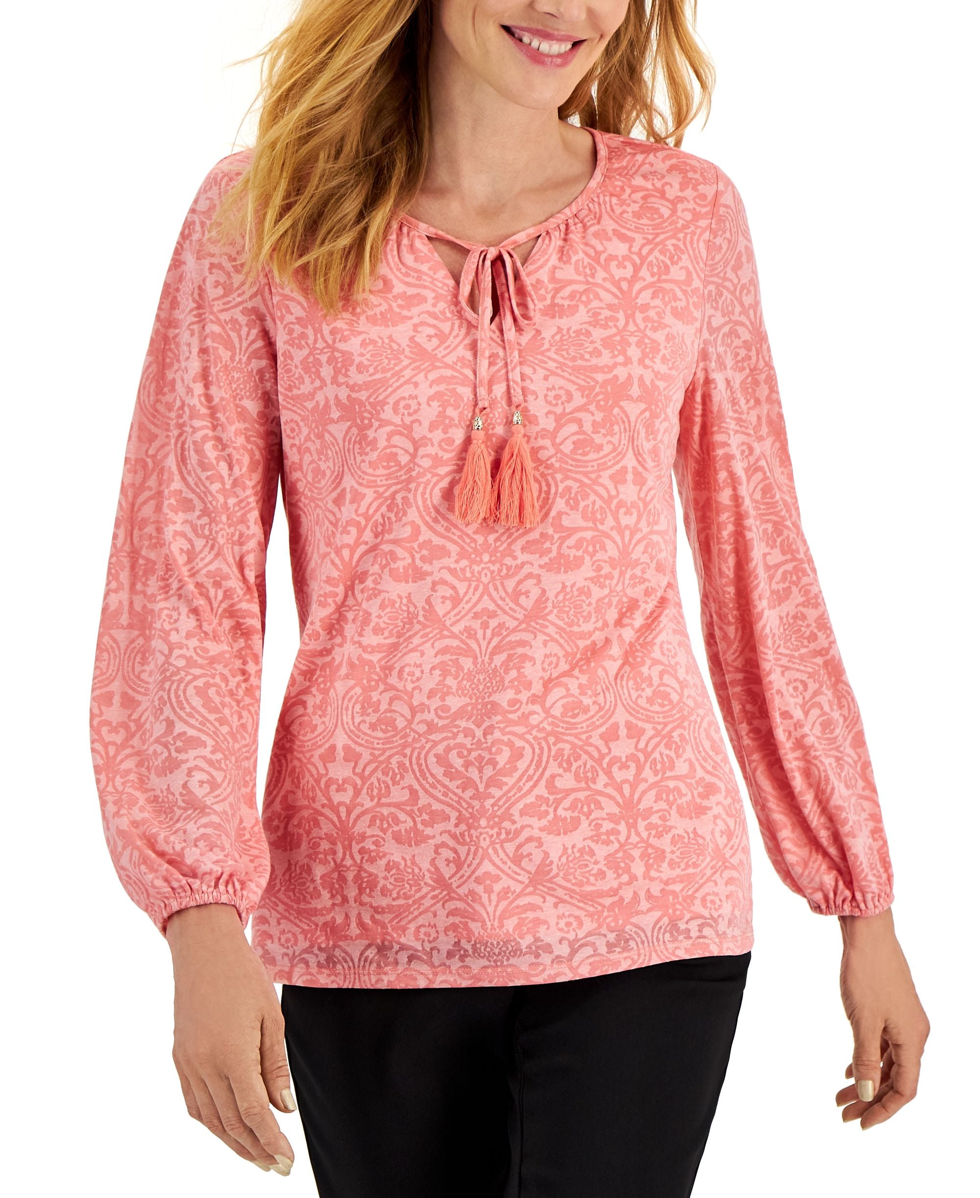 JM Collection Womens Printed Peasant Signature Blouse