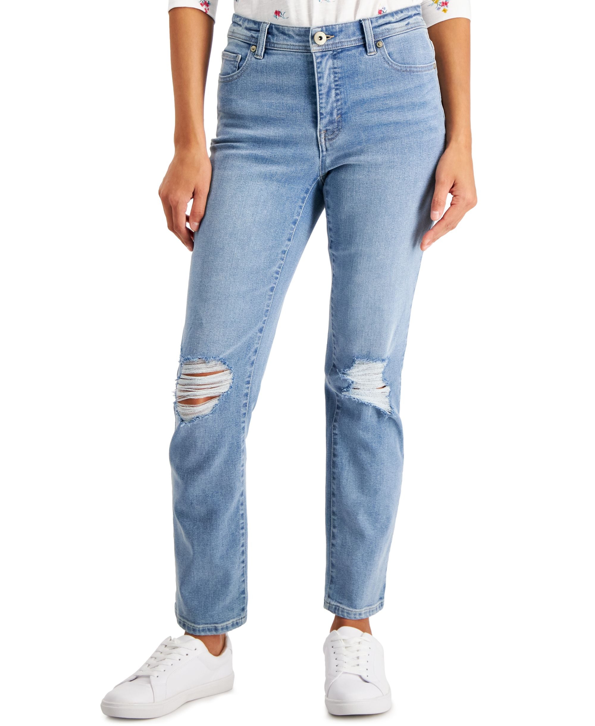 Style & Co Petite Mid Rise Natural Ripped Straight-Cut Premium Jeans