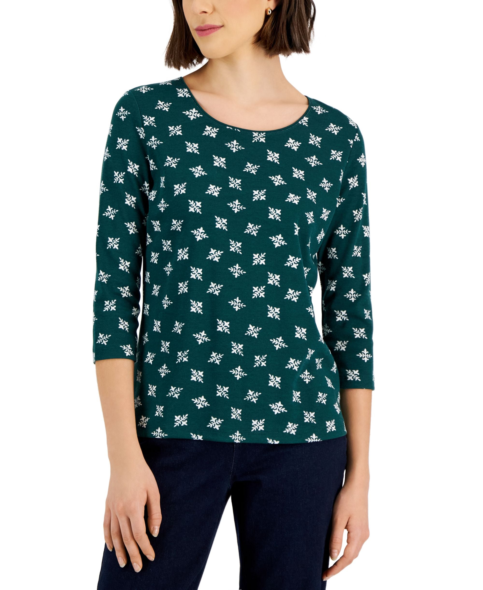 Karen Scott Petite Snowflake Toss Scoop Neck Premium Top