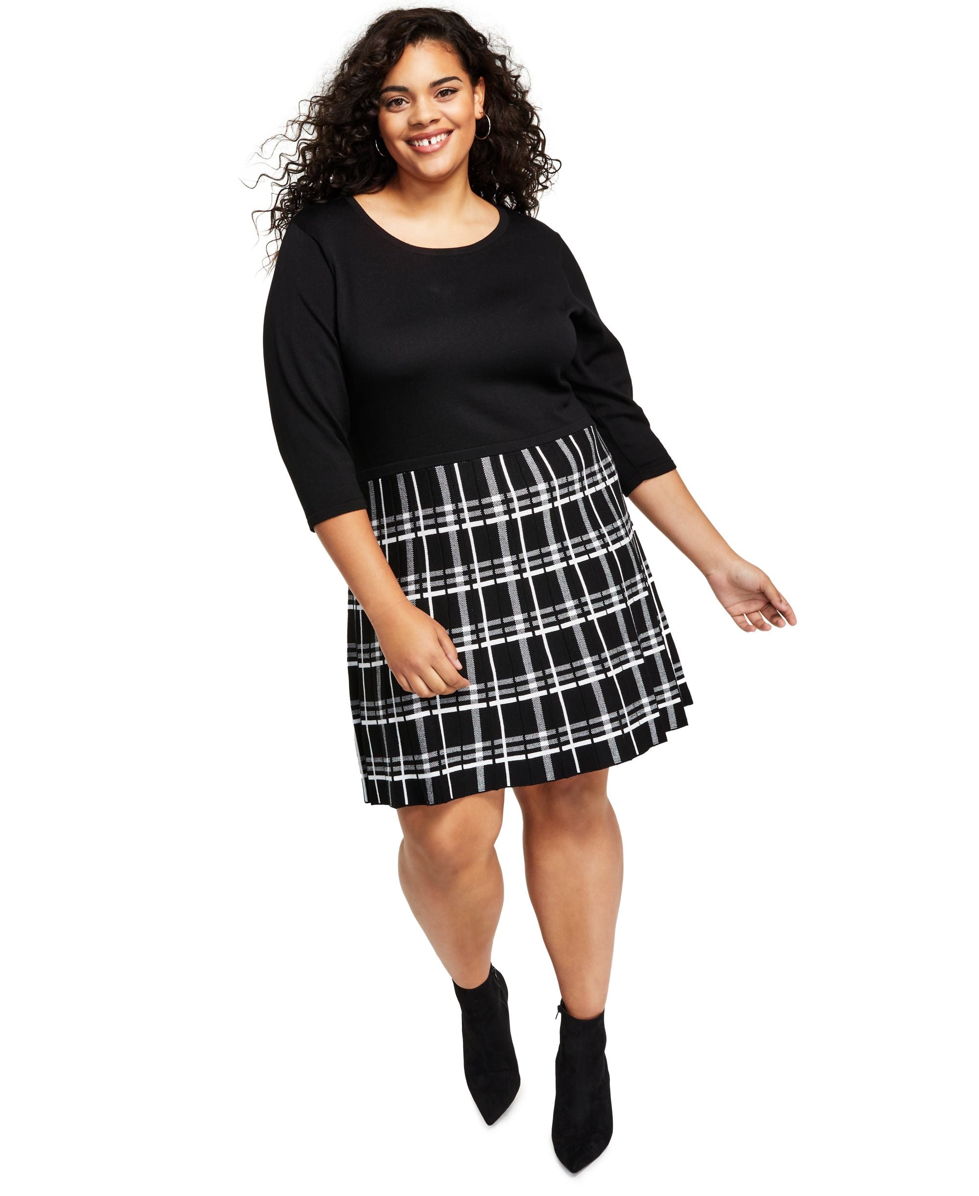 Bcx Modern Plus Size Plaid Fit & Flare Sweater Dress