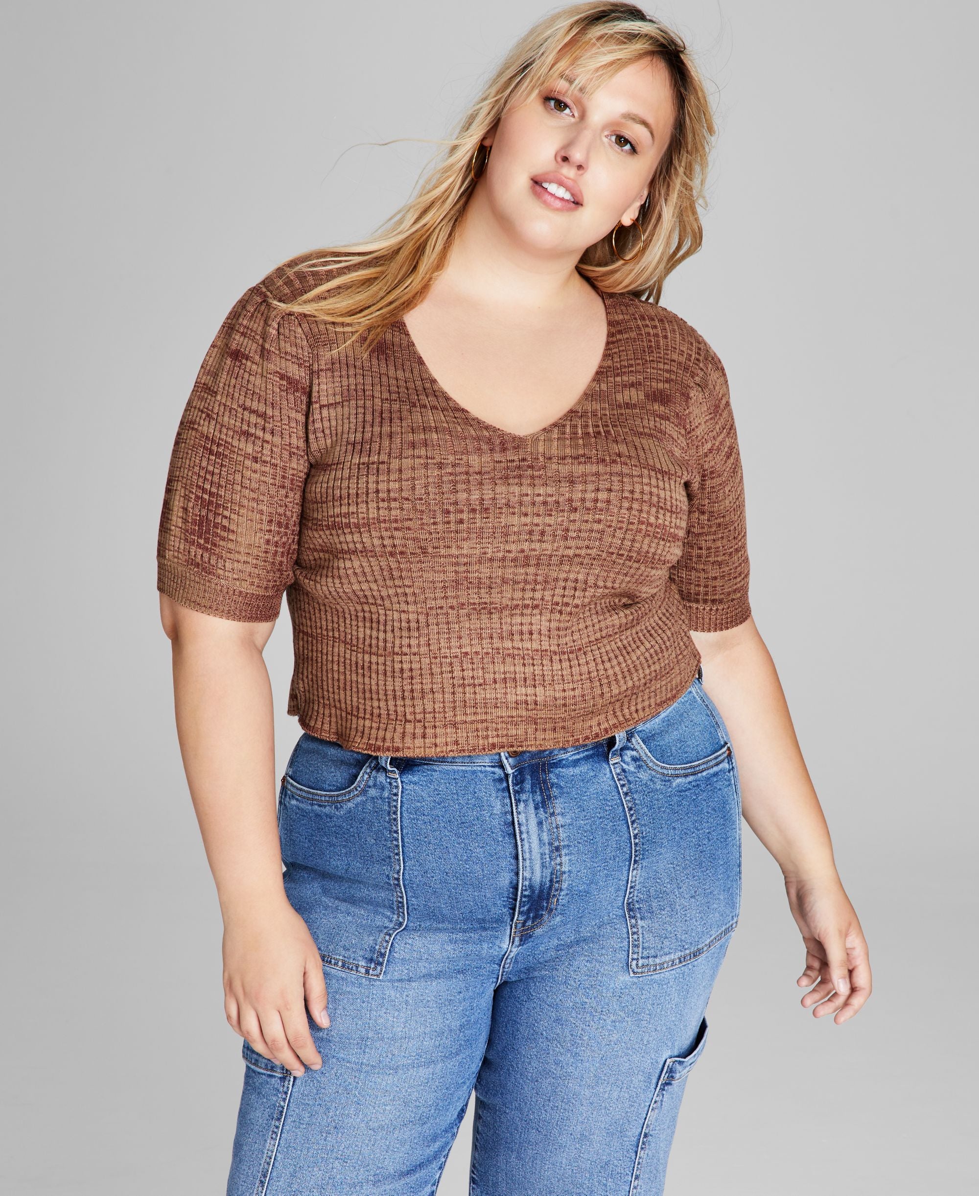 Modern Plus Size Space-Dyed Puff-Sleeve Premium Top