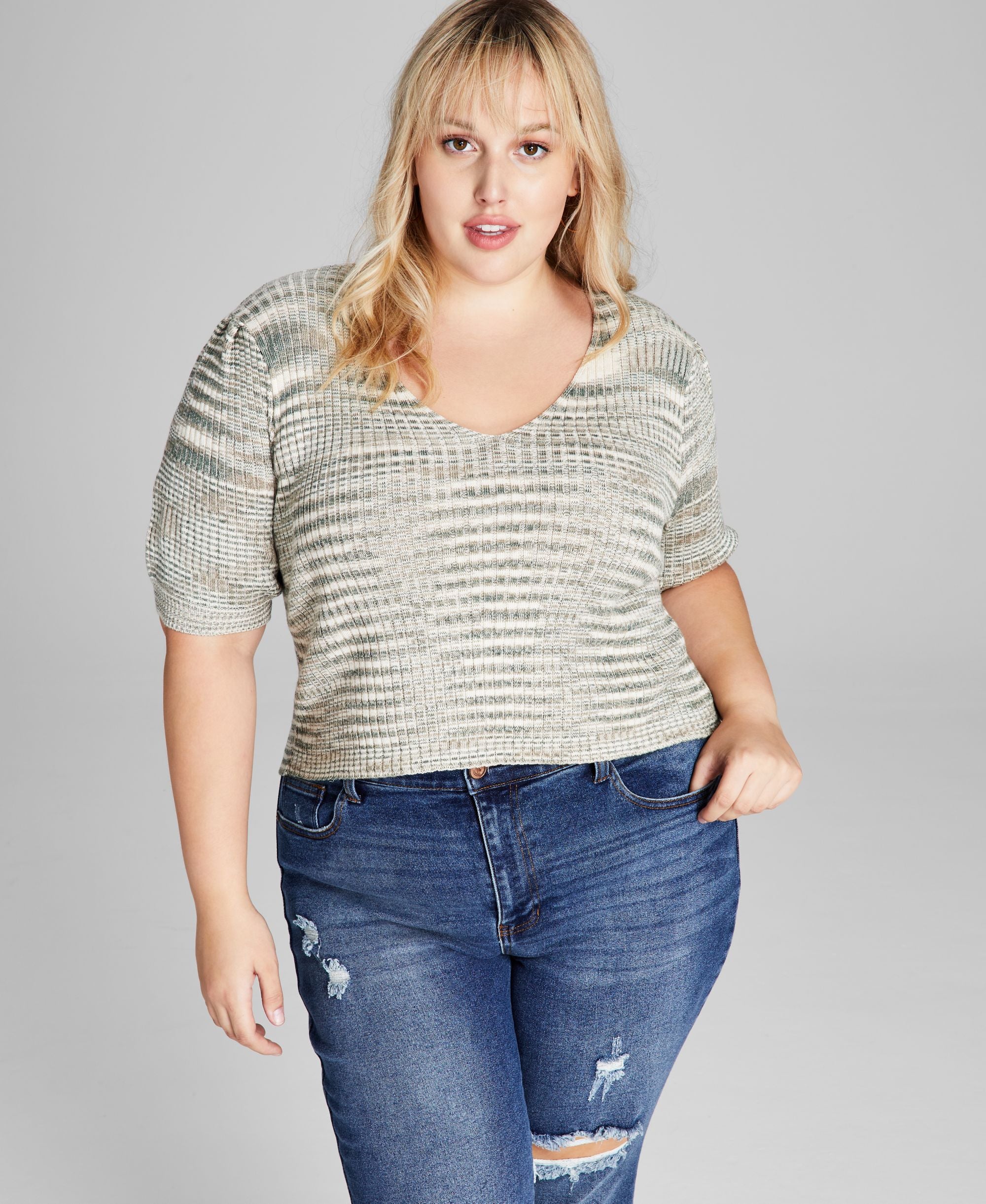 Modern Plus Size Space-Dyed Puff-Sleeve Premium Top