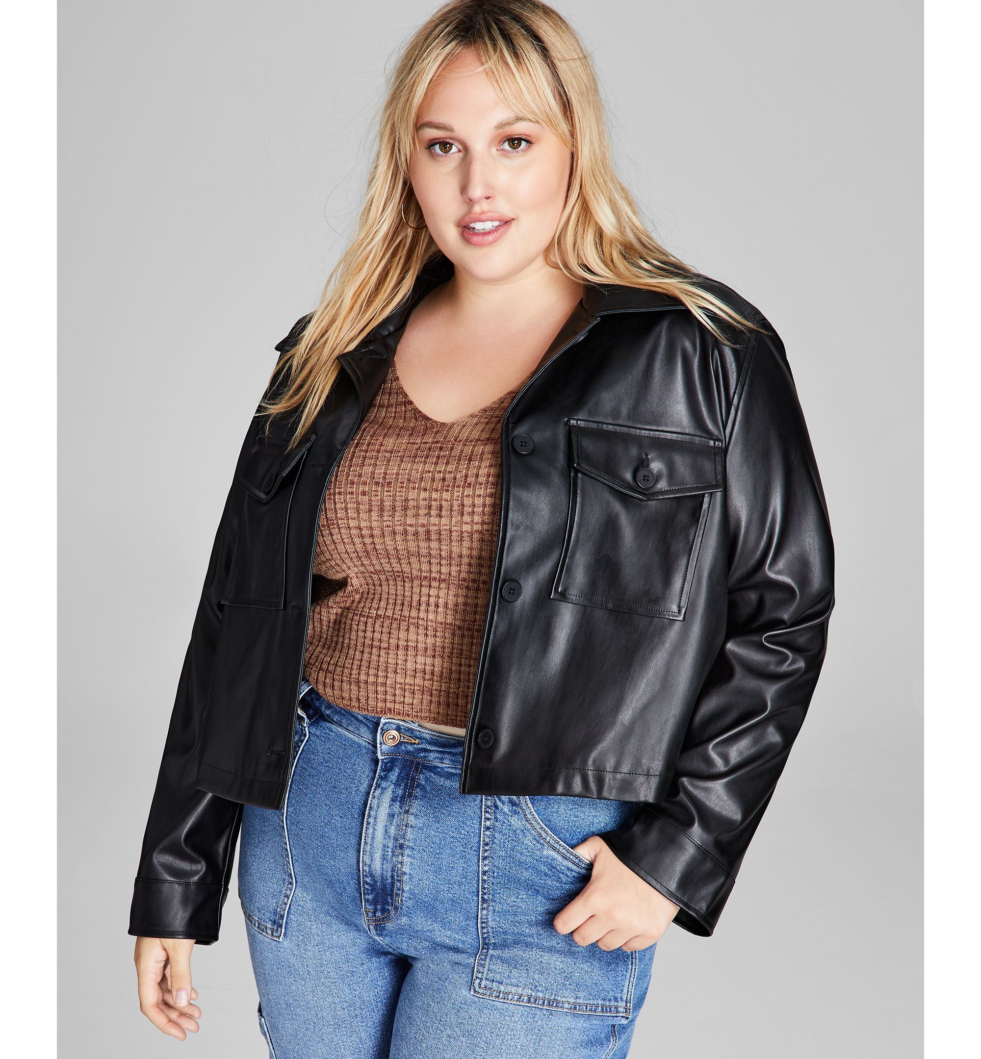 Modern Plus Size Cropped Faux-Leather Shacket