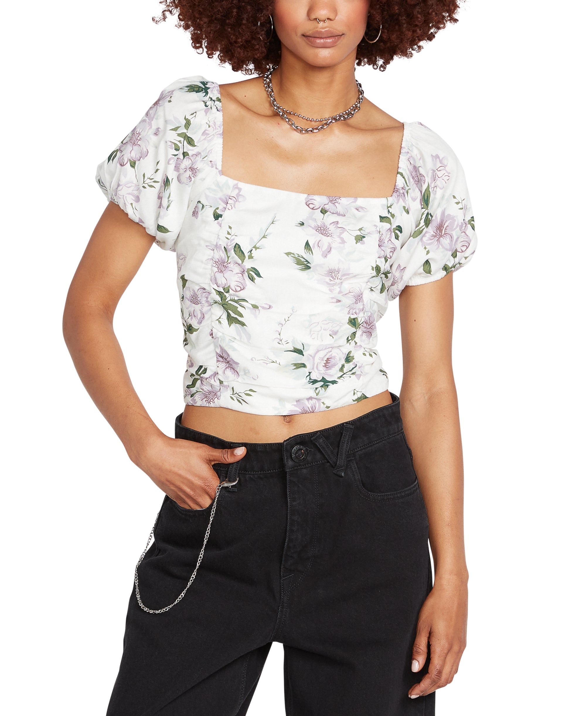 Juniors' So Growmantic Printed Puff-Sleeve Premium Top