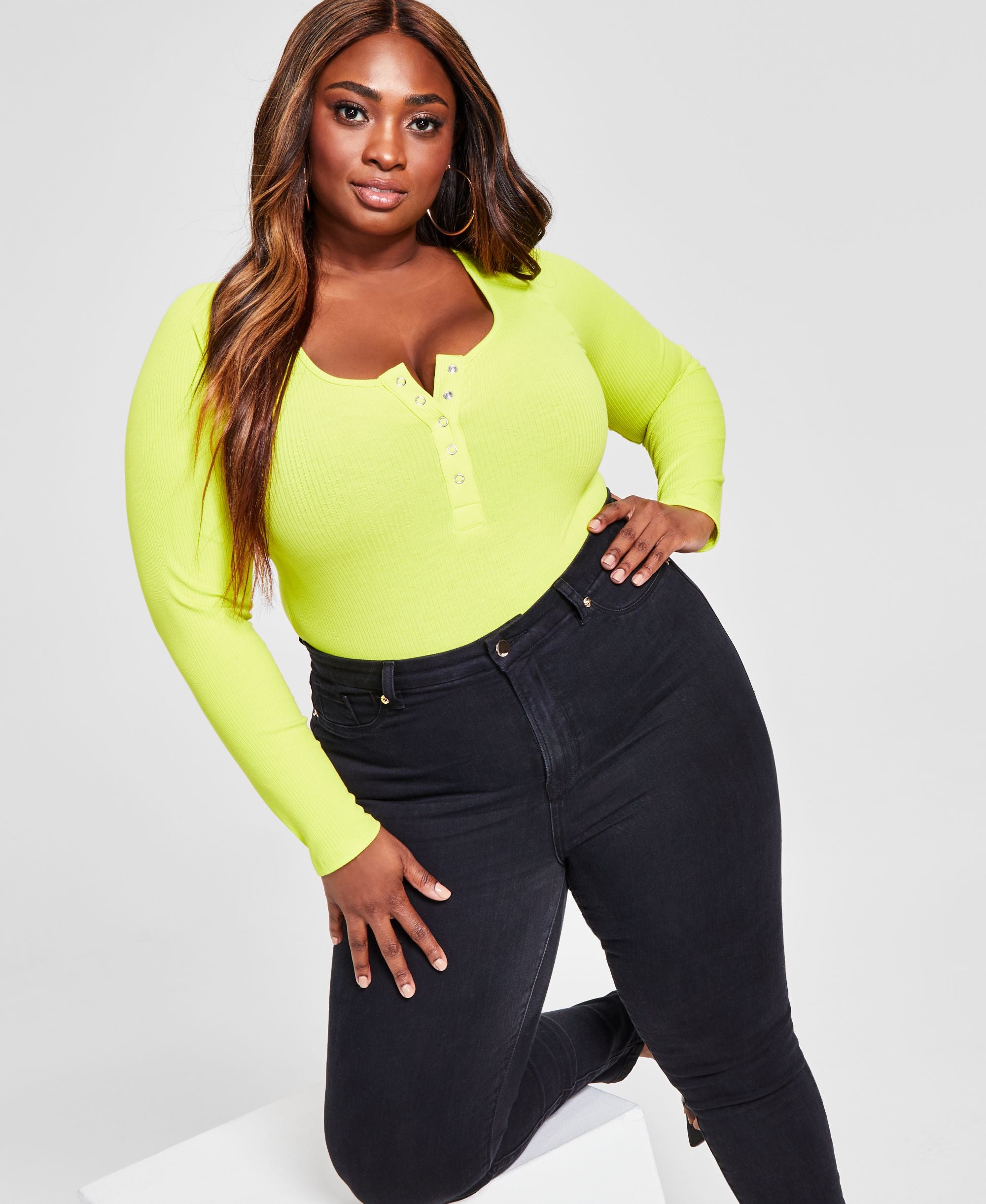 Nina Parker Modern Plus Size Ribbed Henley Bodysuit