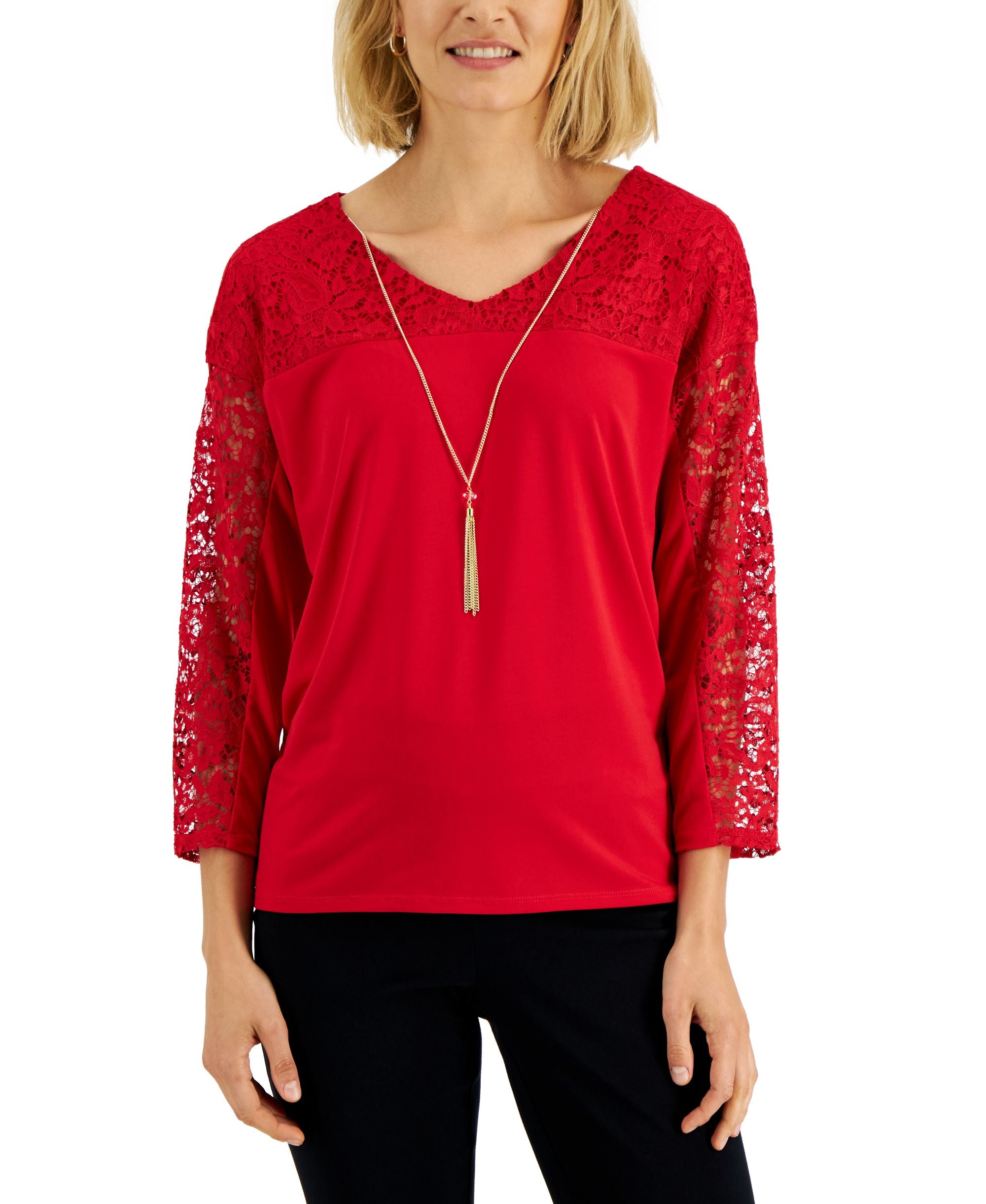JM Collection Petite Lace Yoke Necklace Premium Top