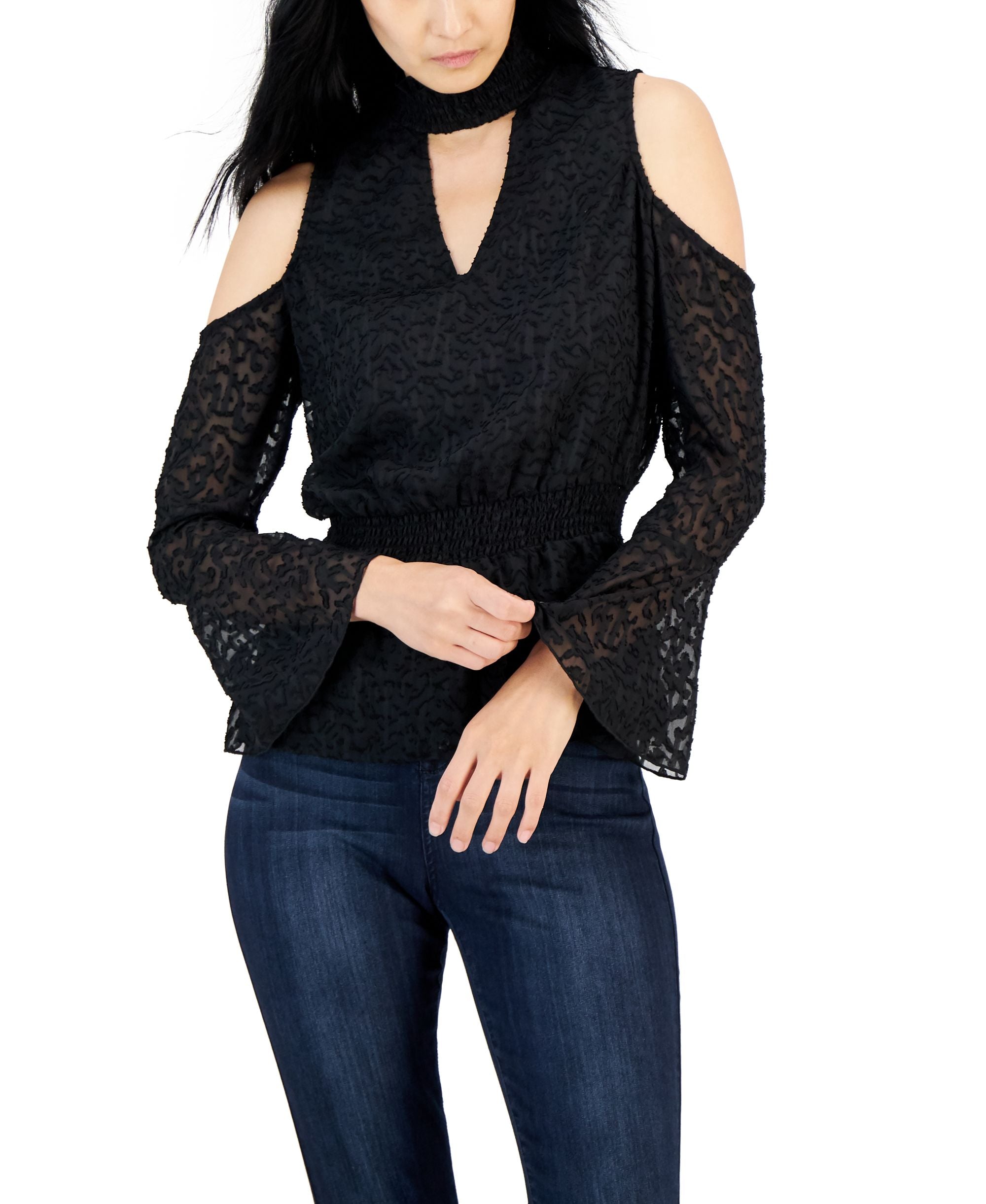 Willow Drive Womens Cold Shoulder Smocked Waist Premium Top