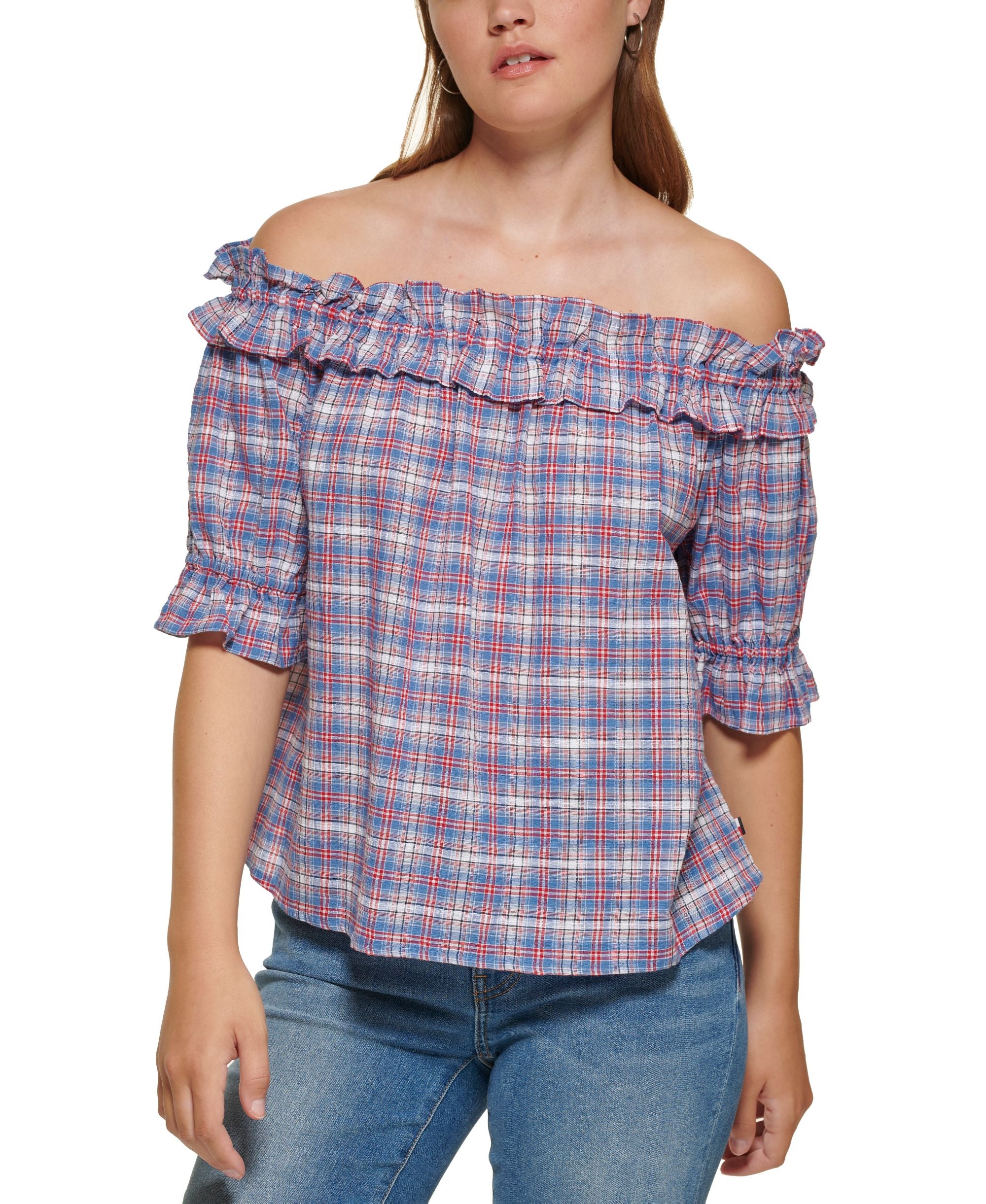 Tommy Hilfiger Womens Plaid Off The Shoulder Premium Top