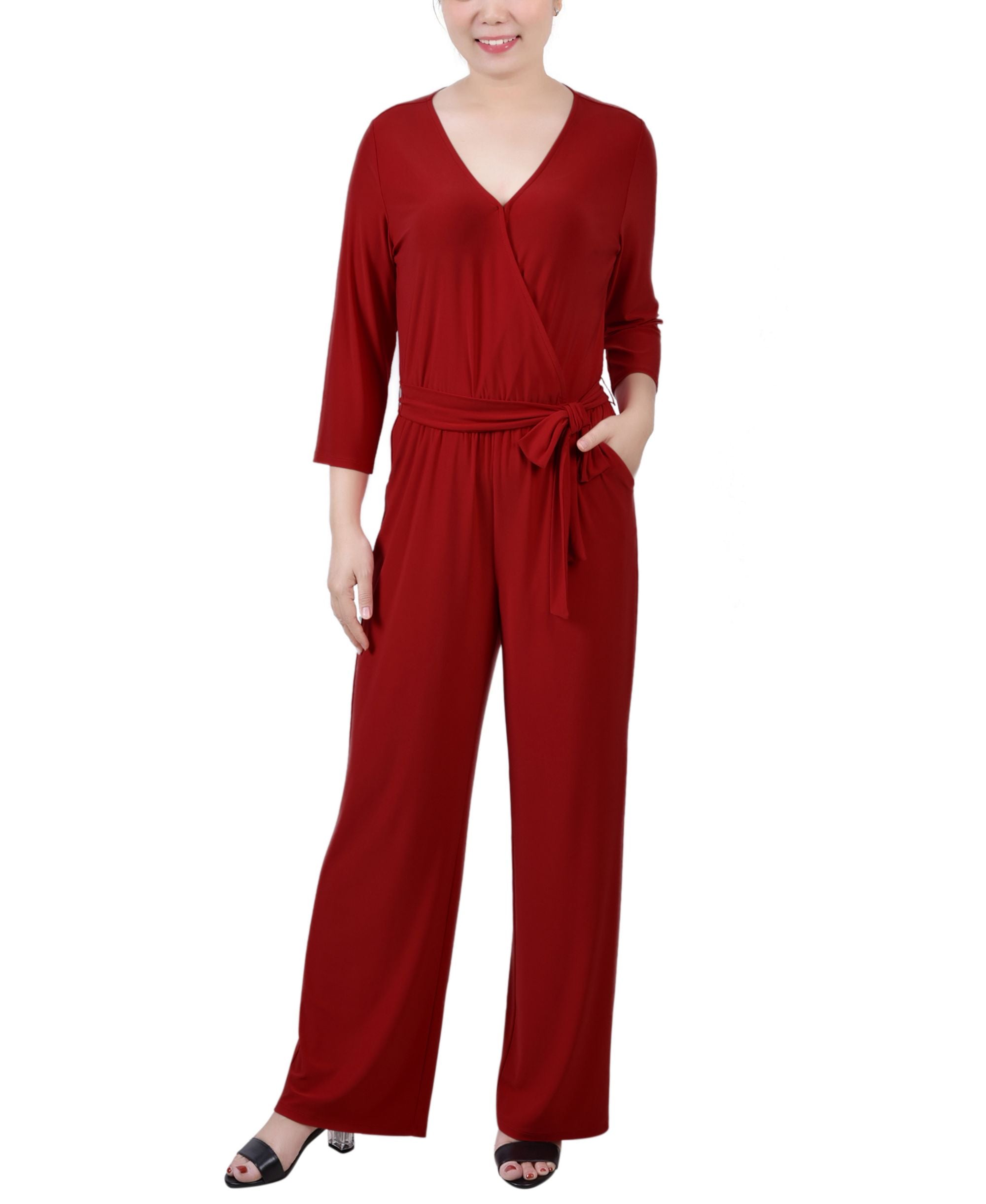 Petite 3/4 Sleeve Belted Wide-Leg Jumpsuit