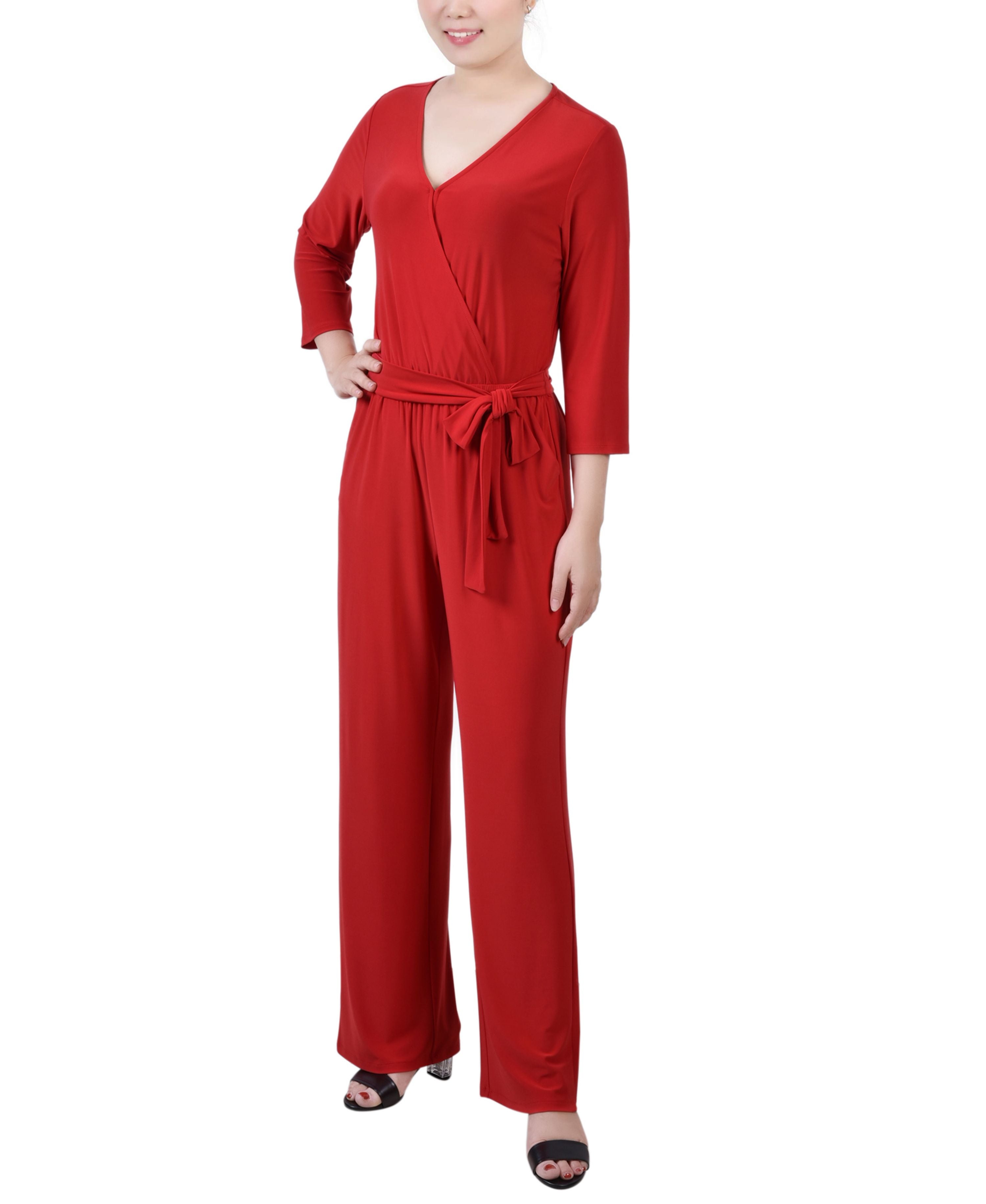 Petite 3/4 Sleeve Belted Wide-Leg Jumpsuit