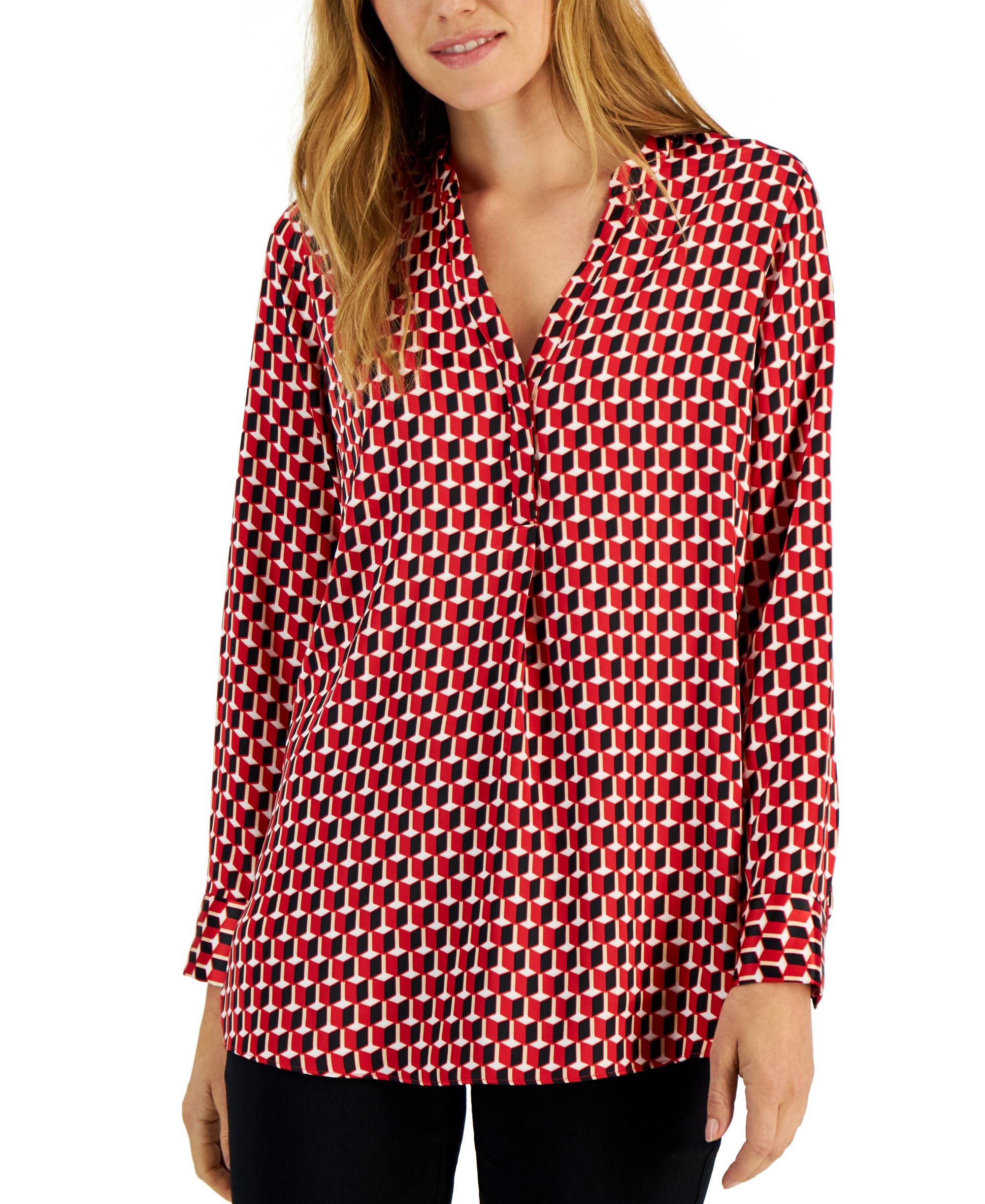 Alfani Womens Printed Satin Long-Sleeve Premium Top