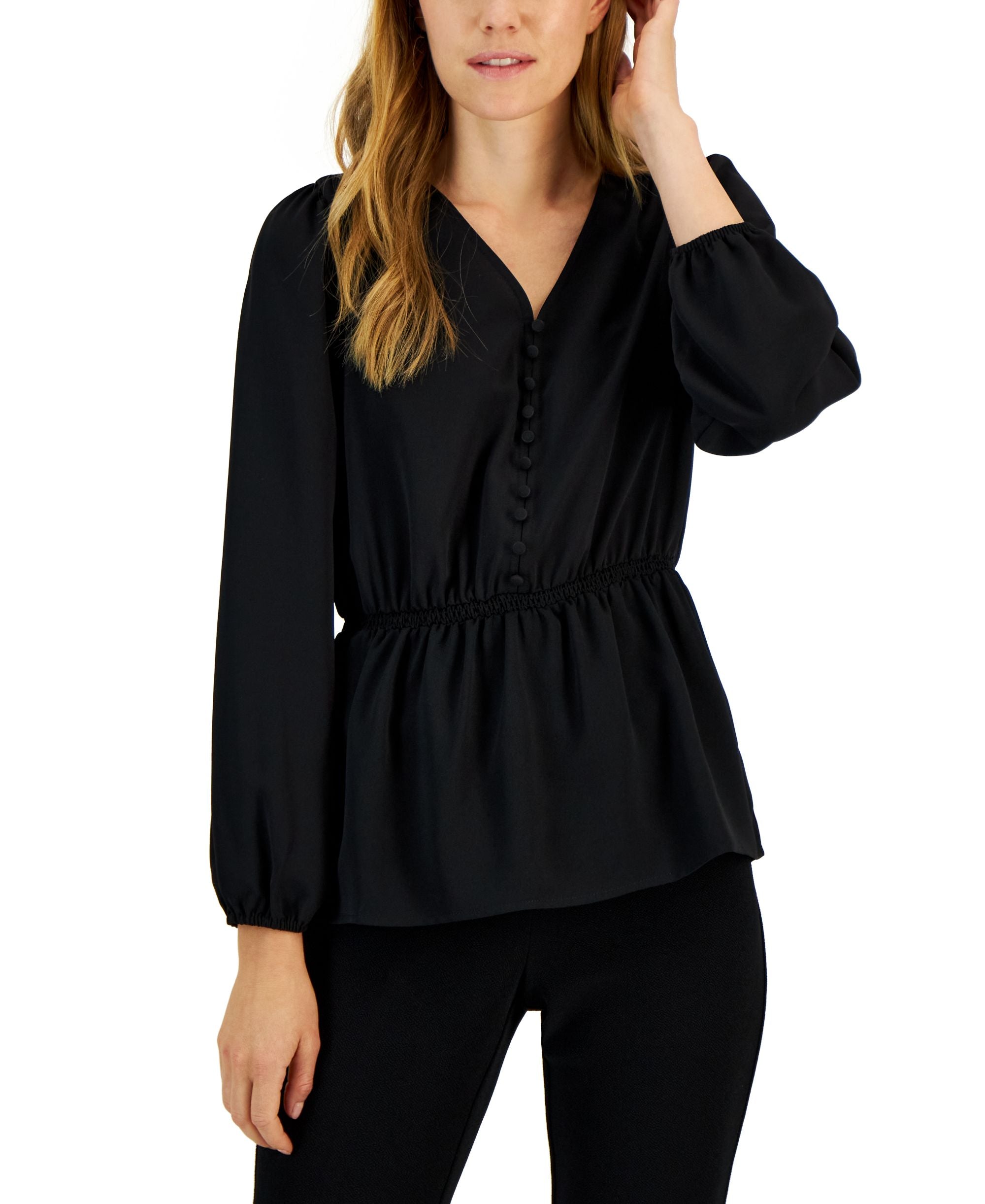 Alfani Womens V Neck Smocked Waist Premium Top