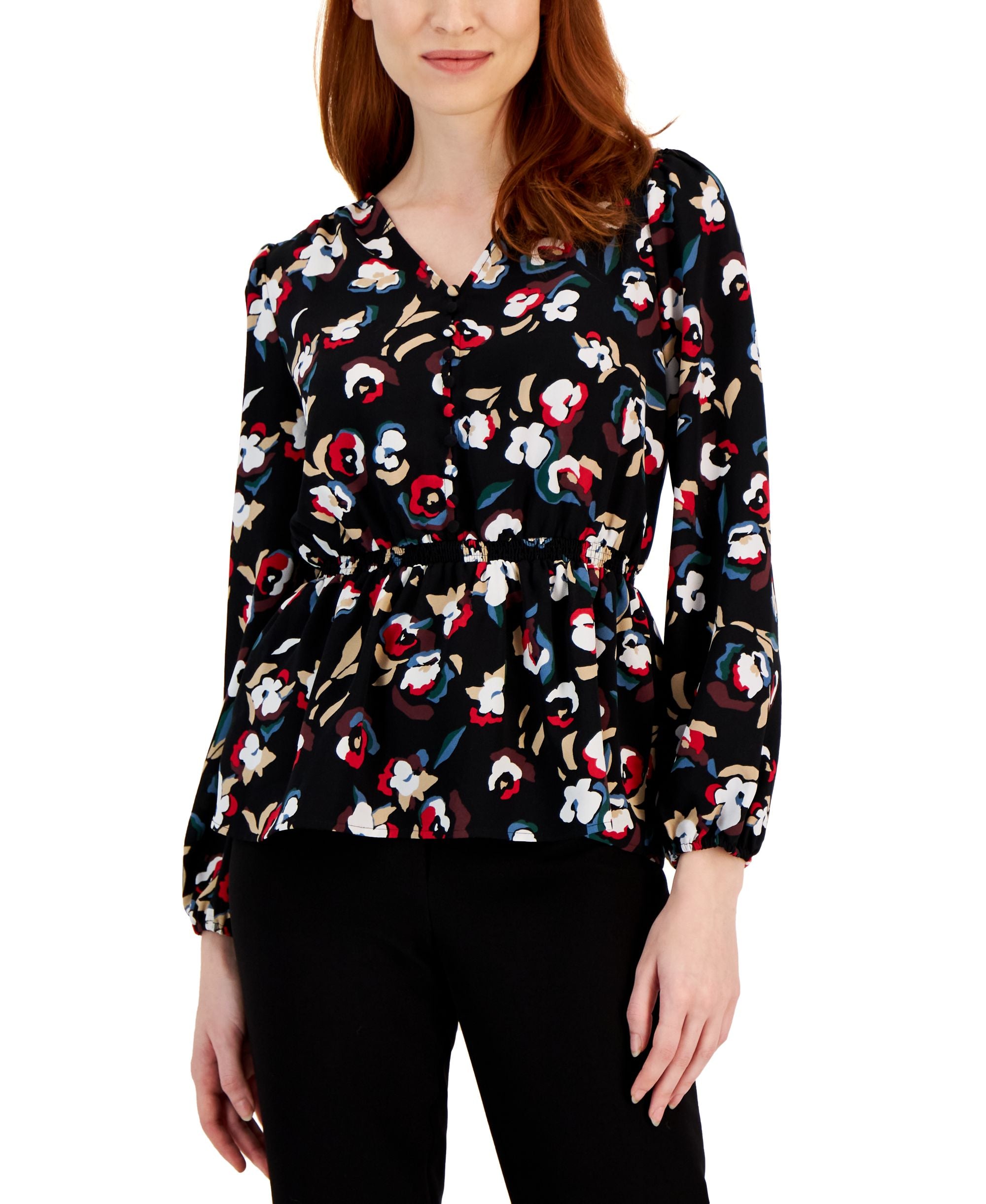 Alfani Womens Smocked Peplum V Neck Signature Blouse