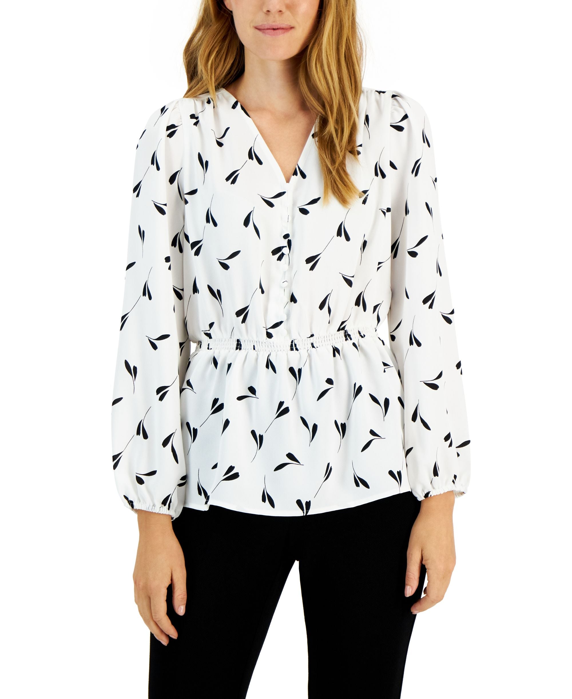 Alfani Womens Smocked Peplum V Neck Signature Blouse