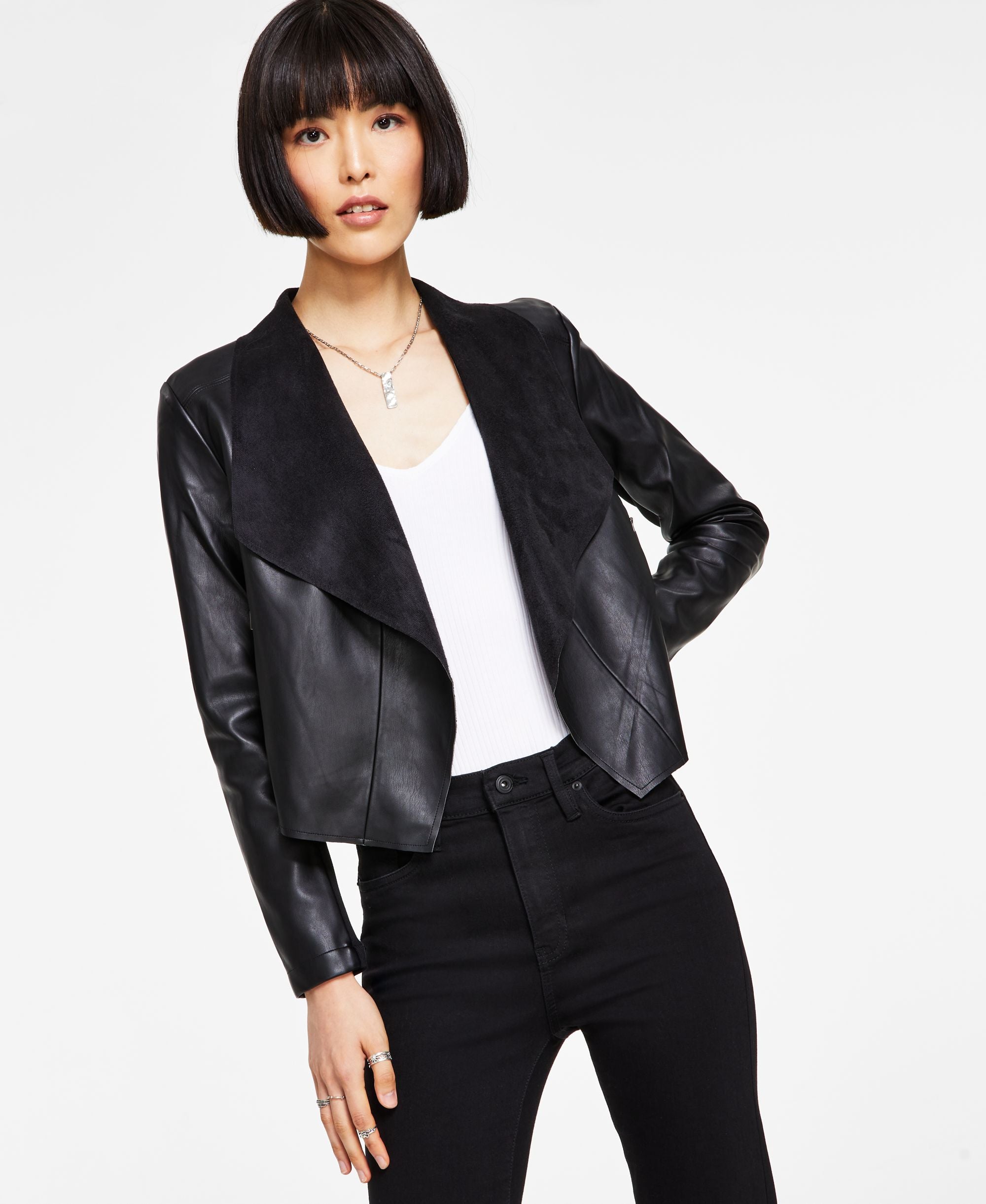 Bar III Womens Faux-Leather Finish Flyaway Jacket