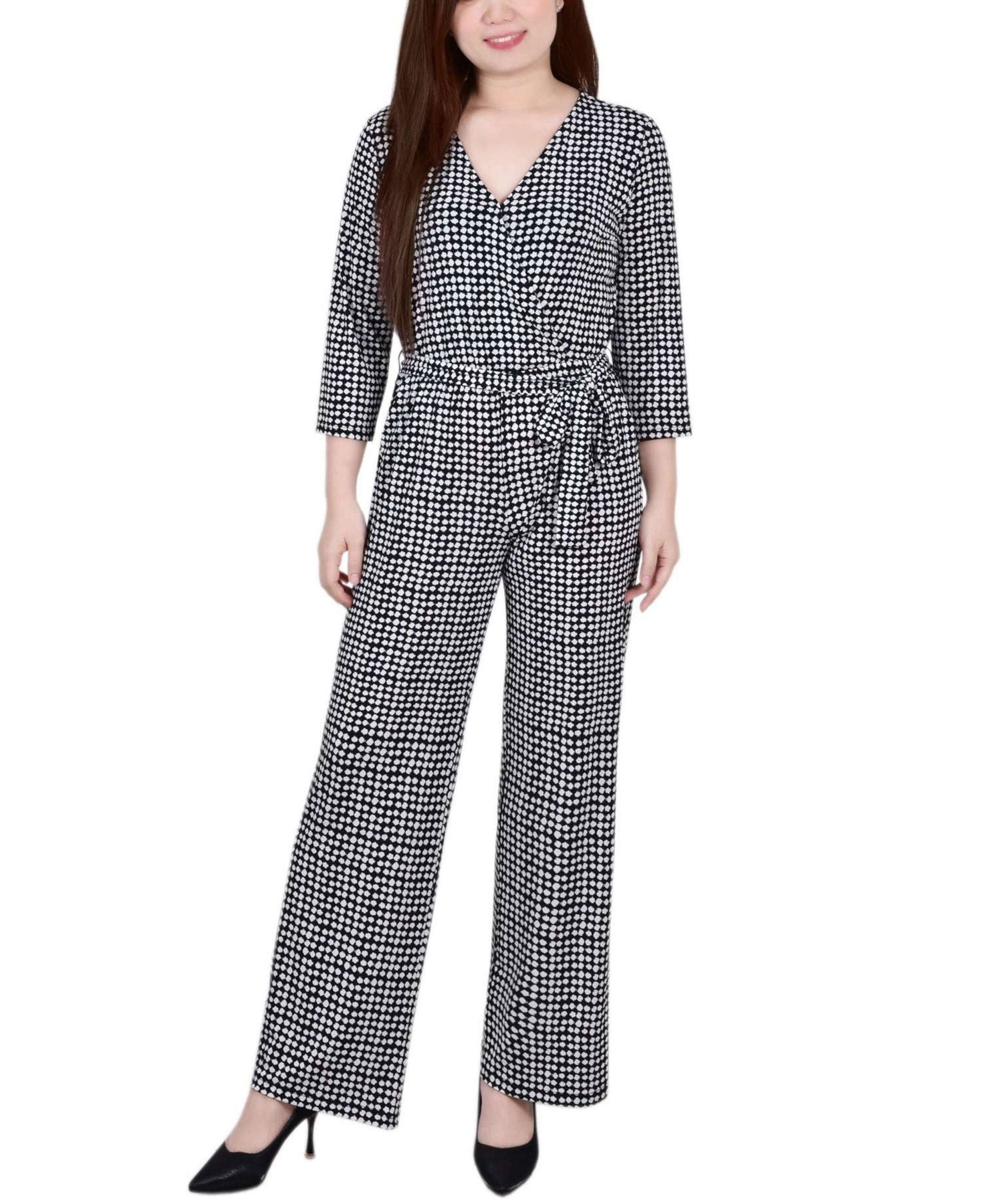 Petite 3/4 Sleeve Belted Wide-Leg Jumpsuit