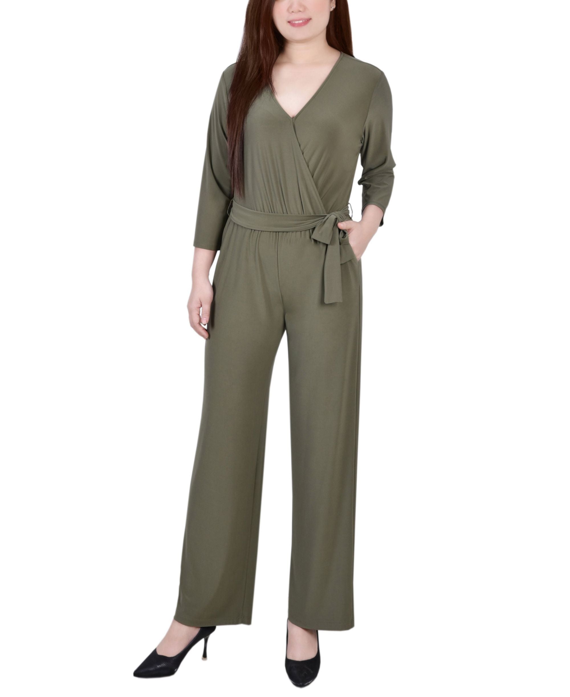 Petite 3/4 Sleeve Belted Wide-Leg Jumpsuit