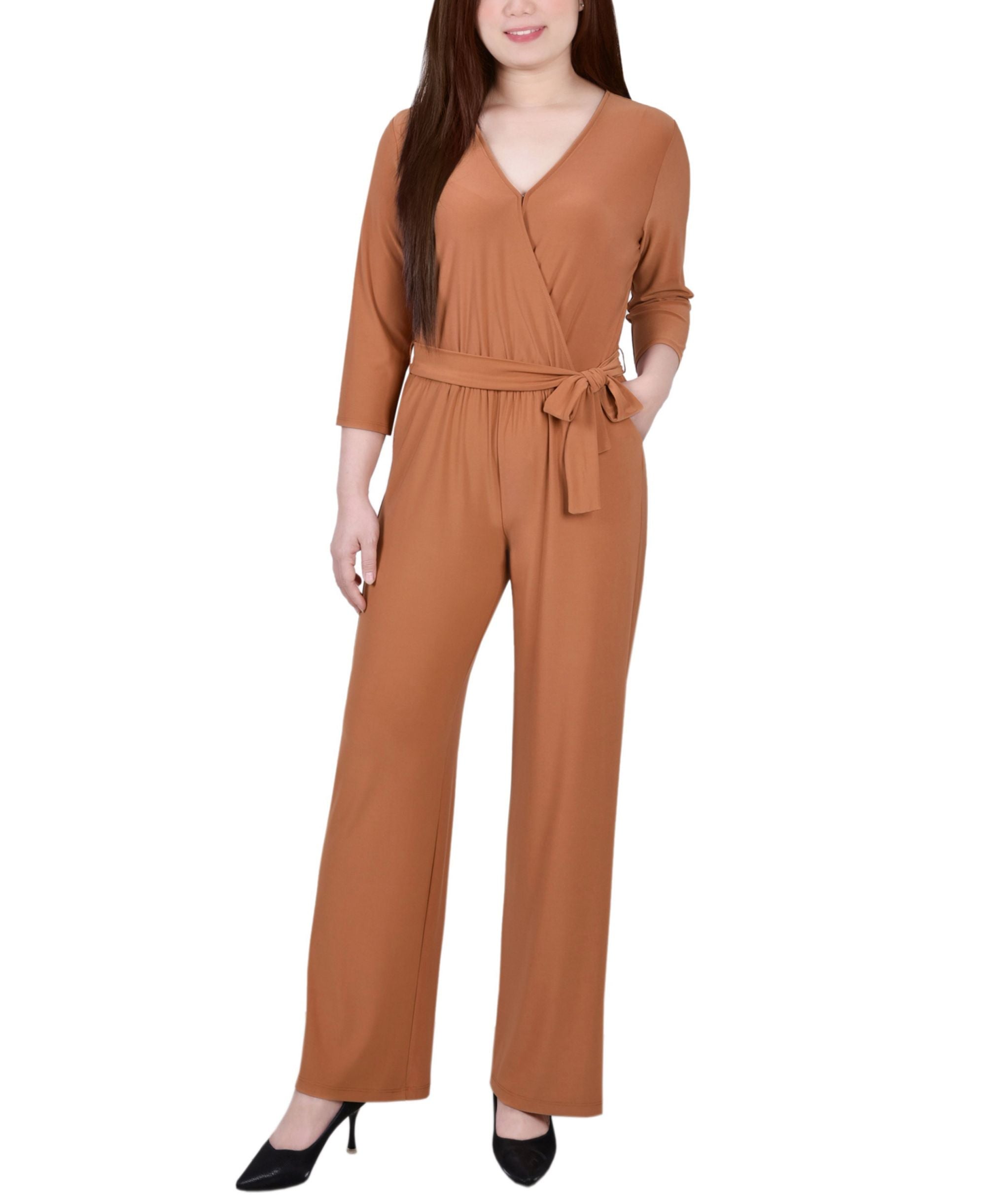 Petite 3/4 Sleeve Belted Wide-Leg Jumpsuit