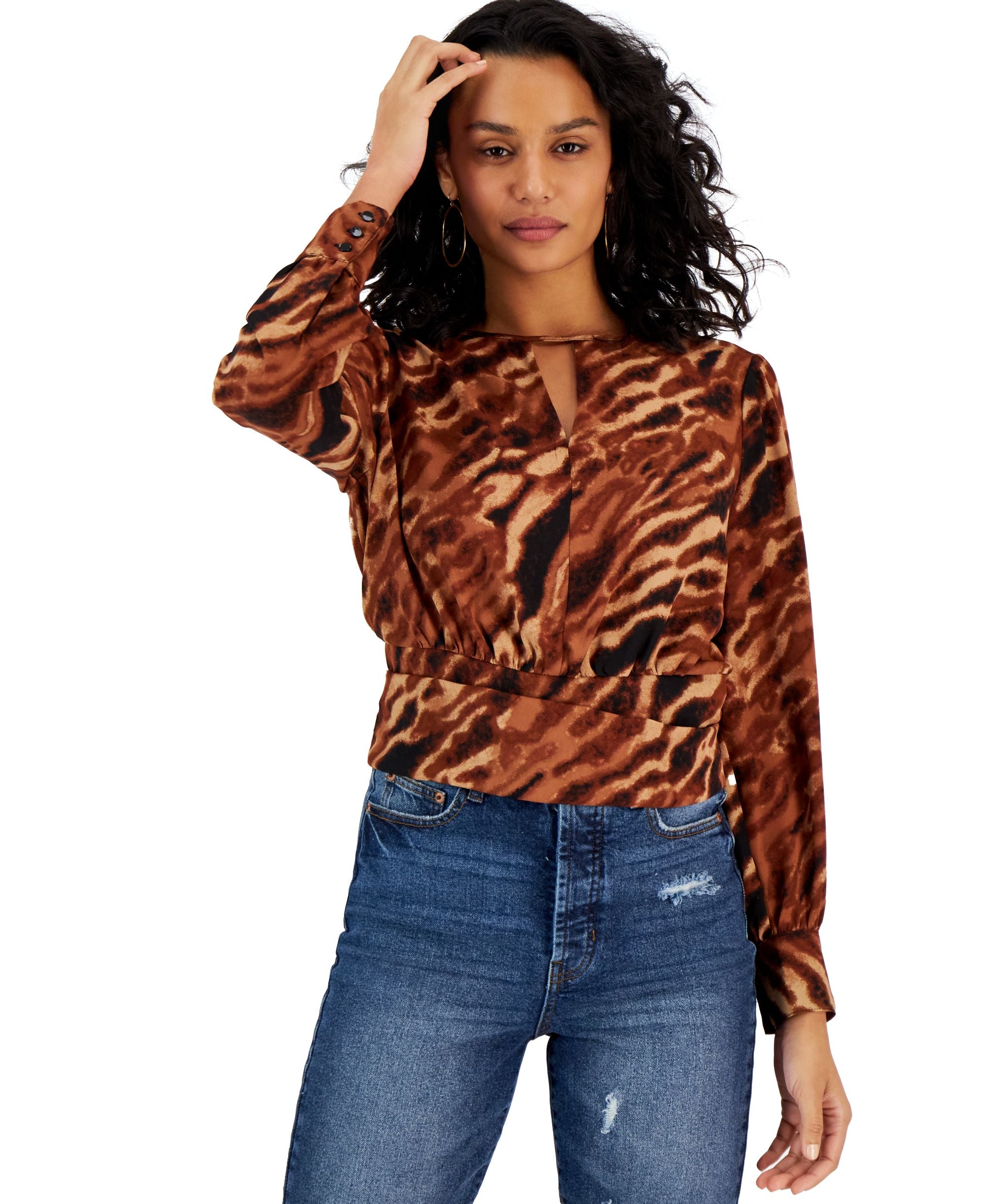 Bar III Womens Animal Print Keyhole Signature Blouse