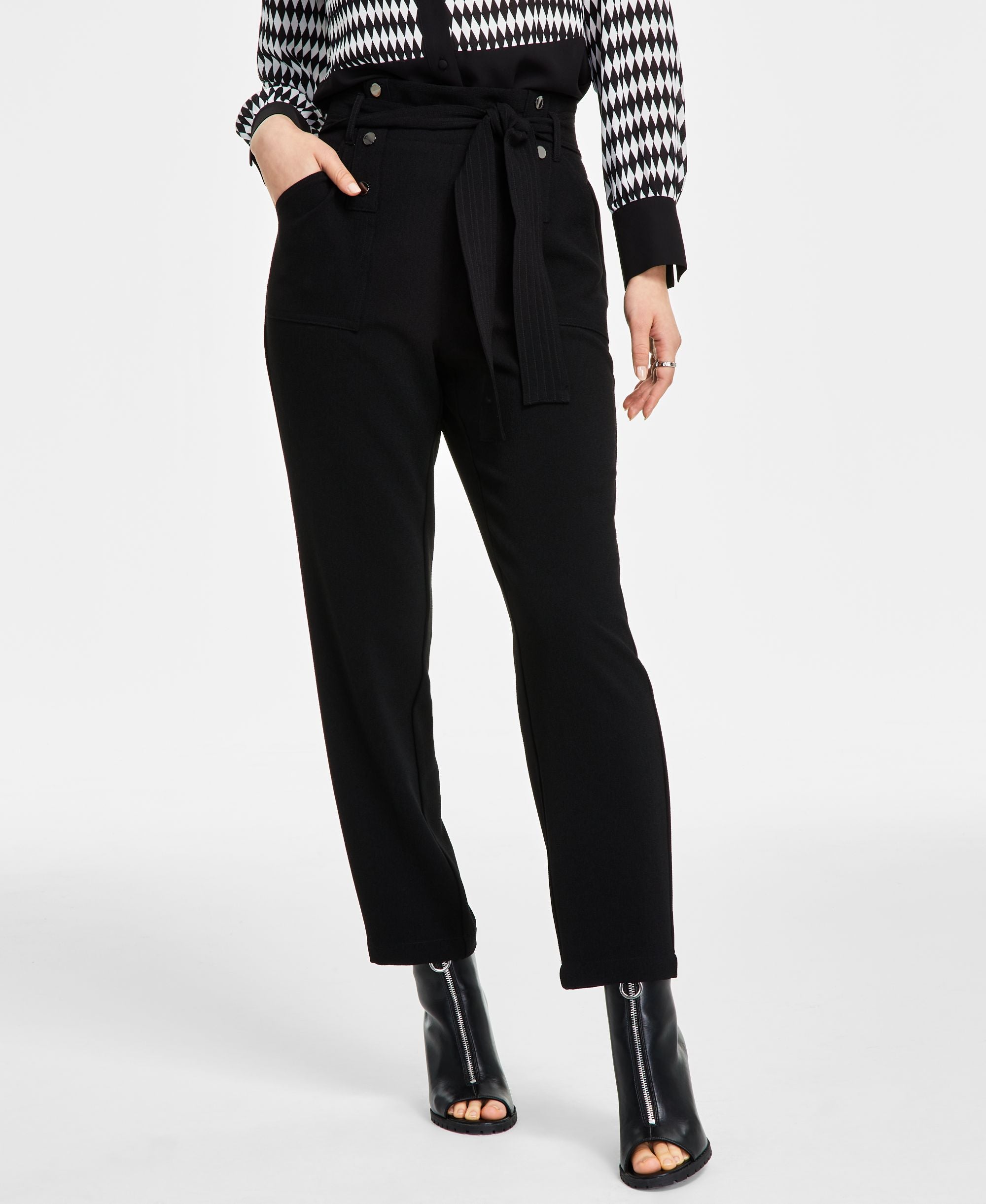 Bar III Womens Textured Crepe Tie-Waist Signature Pants