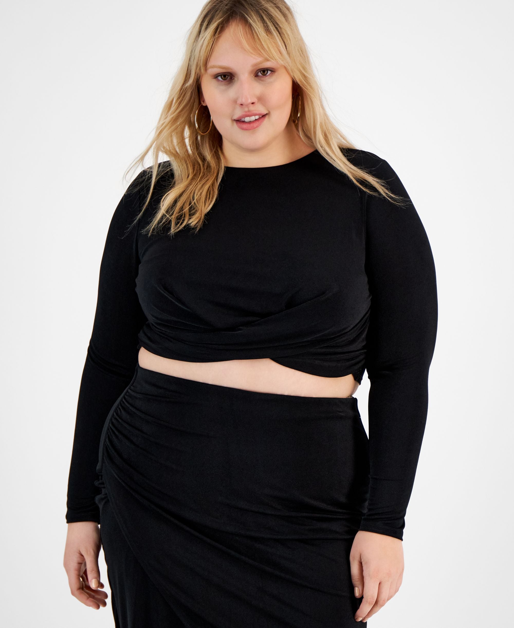 Bar III Plus Size Long-Sleeve Crossover Cropped Premium Top