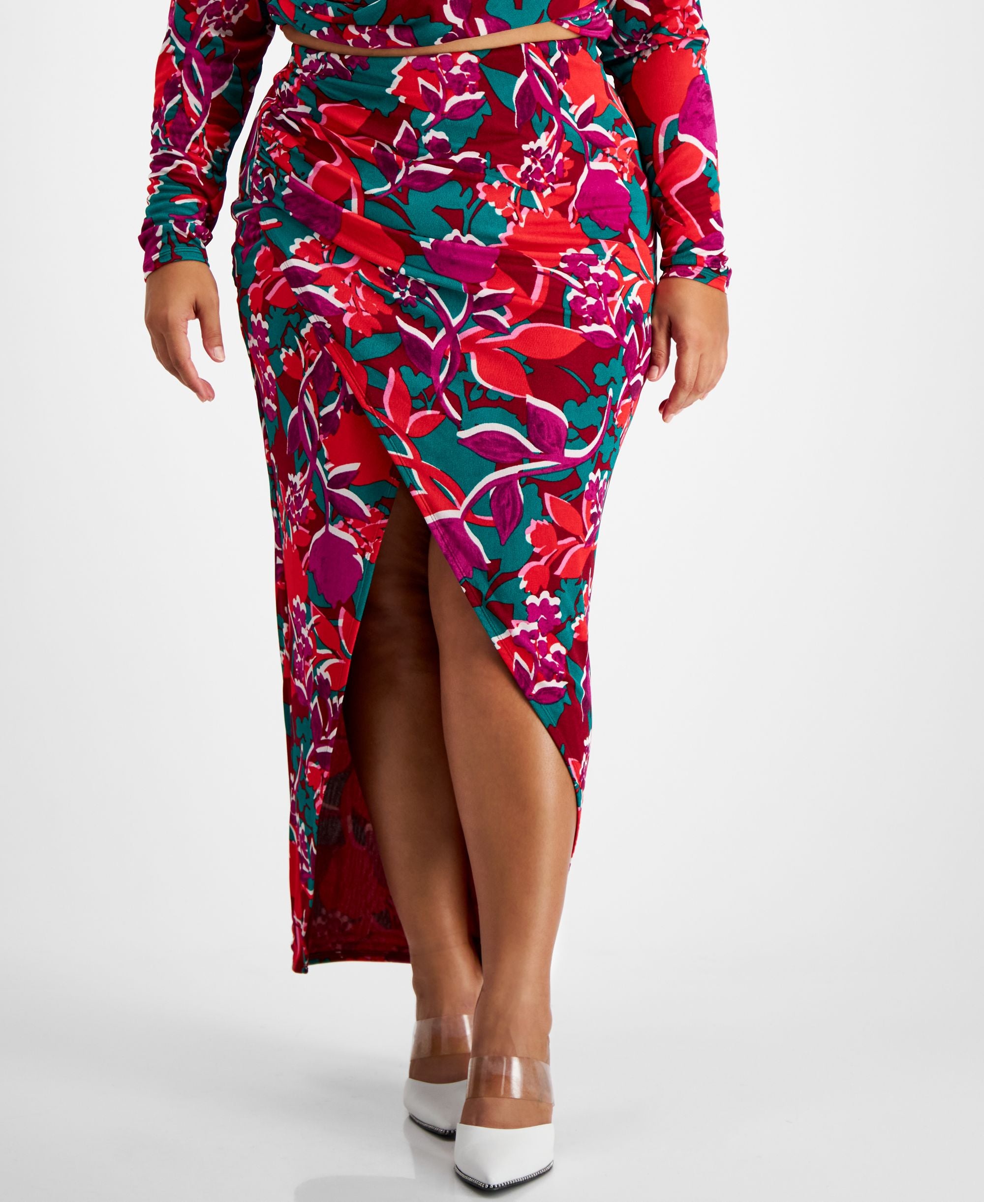 Bar III Plus Size Printed Slit Front Comfort-Waist Midi Modern Skirt