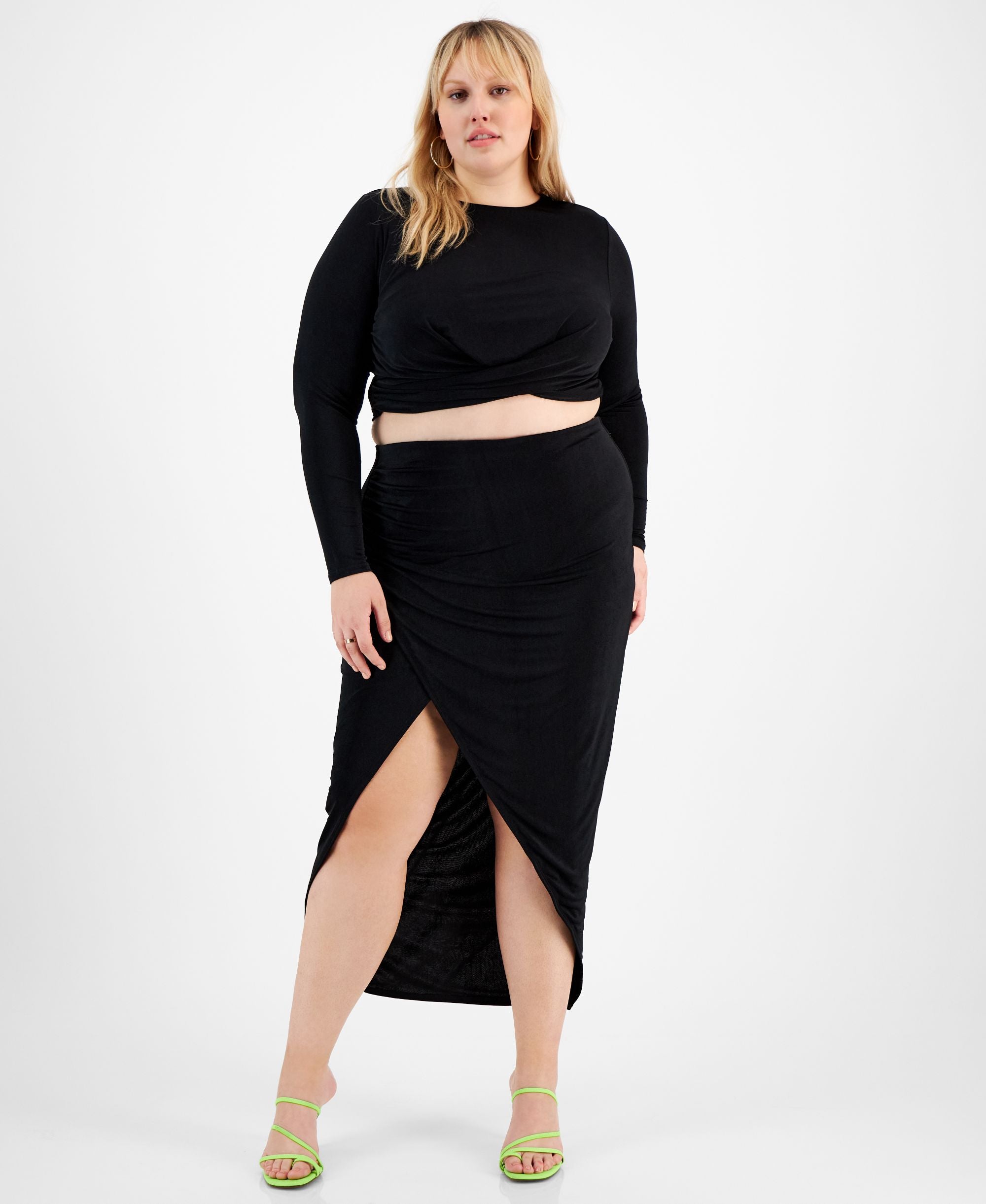 Plus Size Slinky Pull-On Slit-Front Midi Modern Skirt