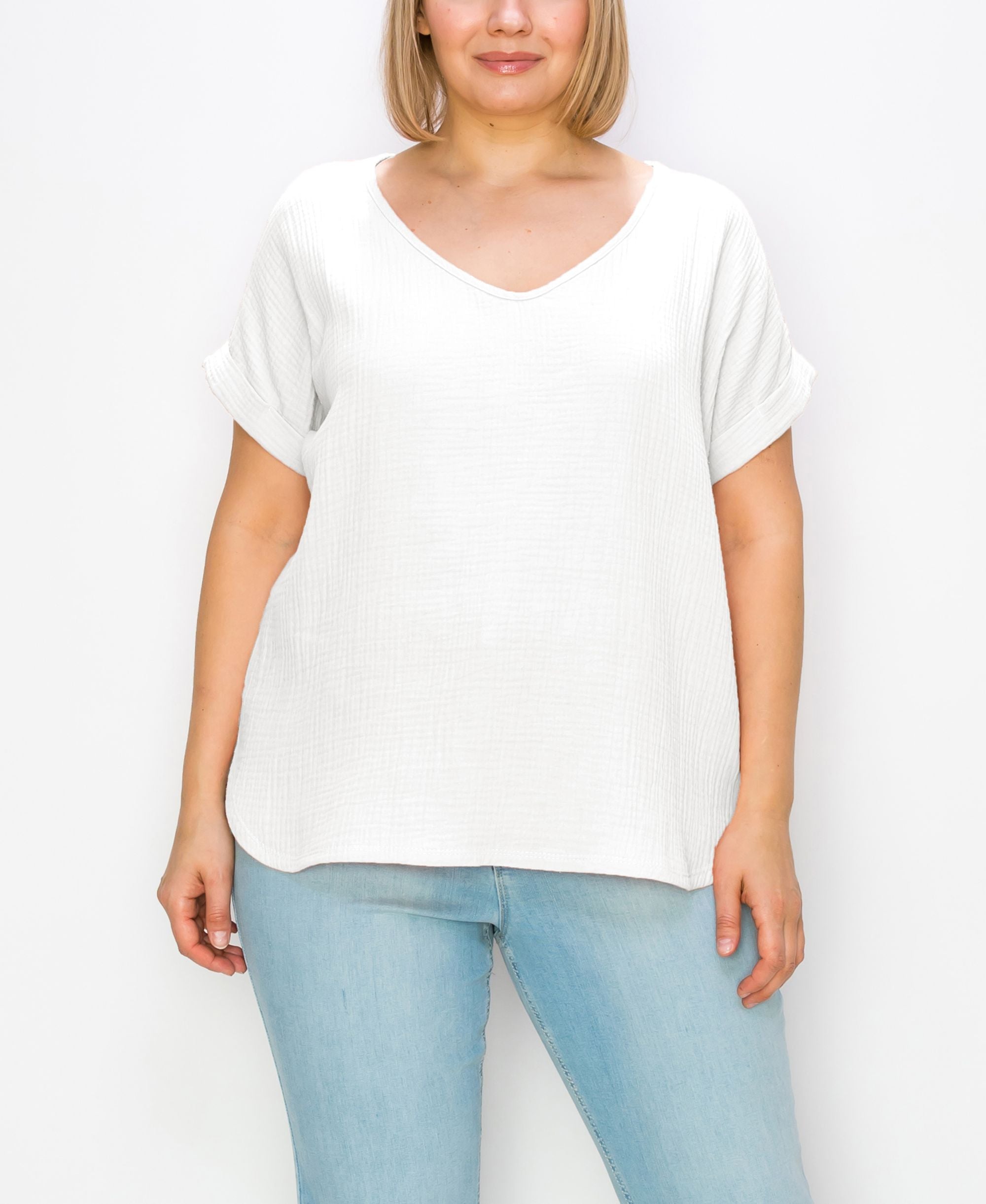 Plus Size Gauze V-neck Rolled Sleeve Premium Top