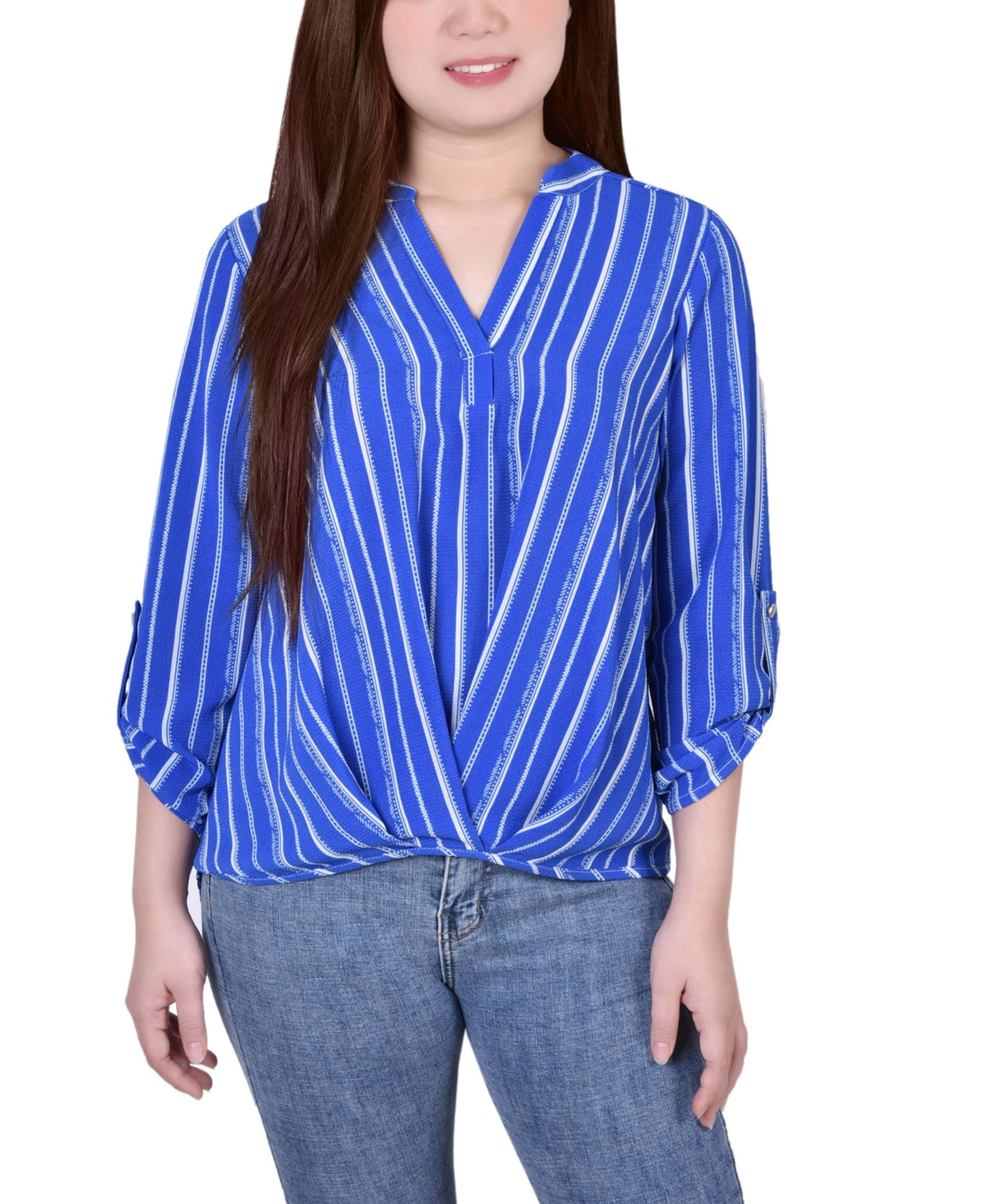 Petite Size 3/4 Push Tab Mandarin Collar Signature Blouse with Front Pleats