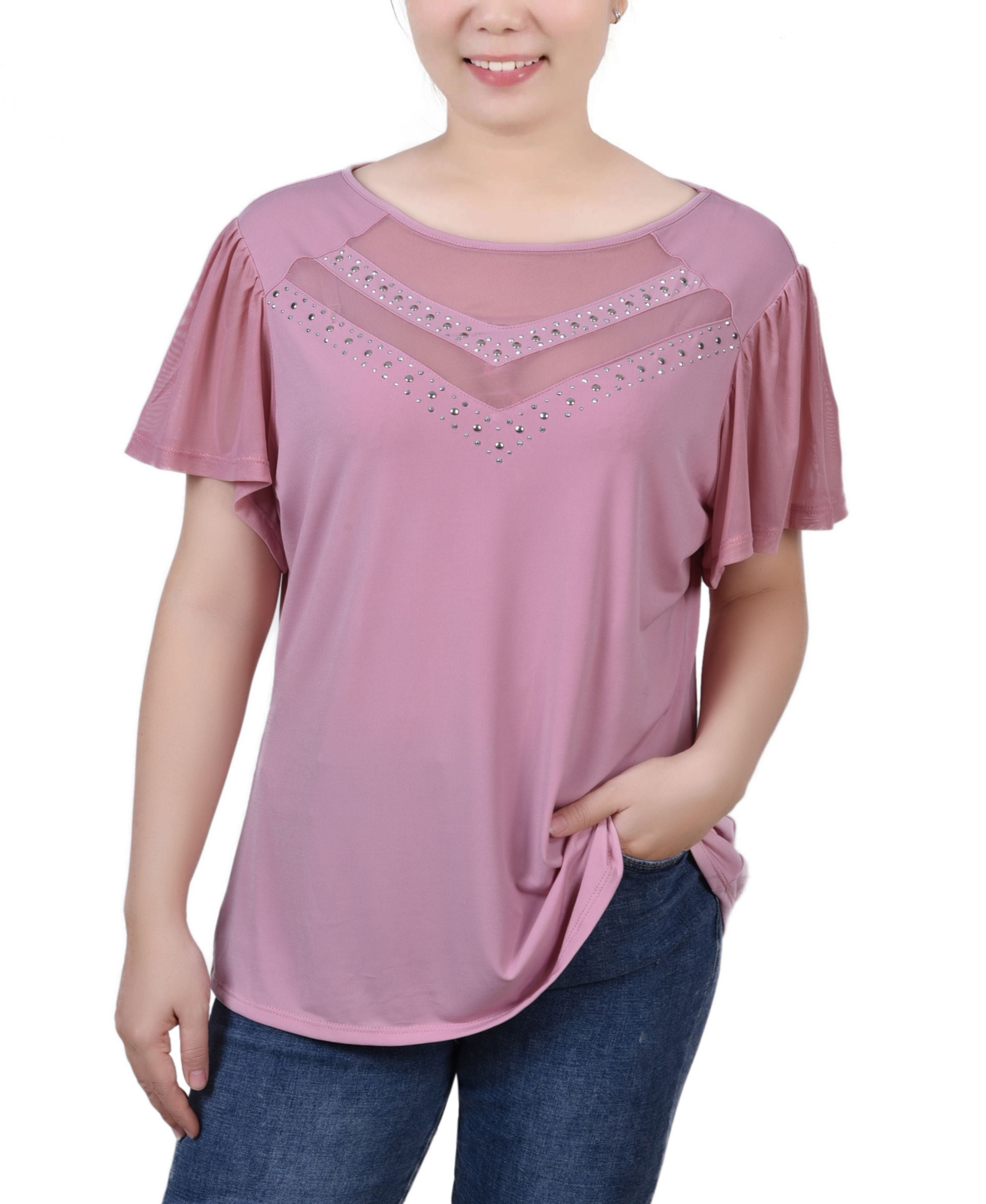 Petite Studded Short Flutter-Sleeve Premium Top
