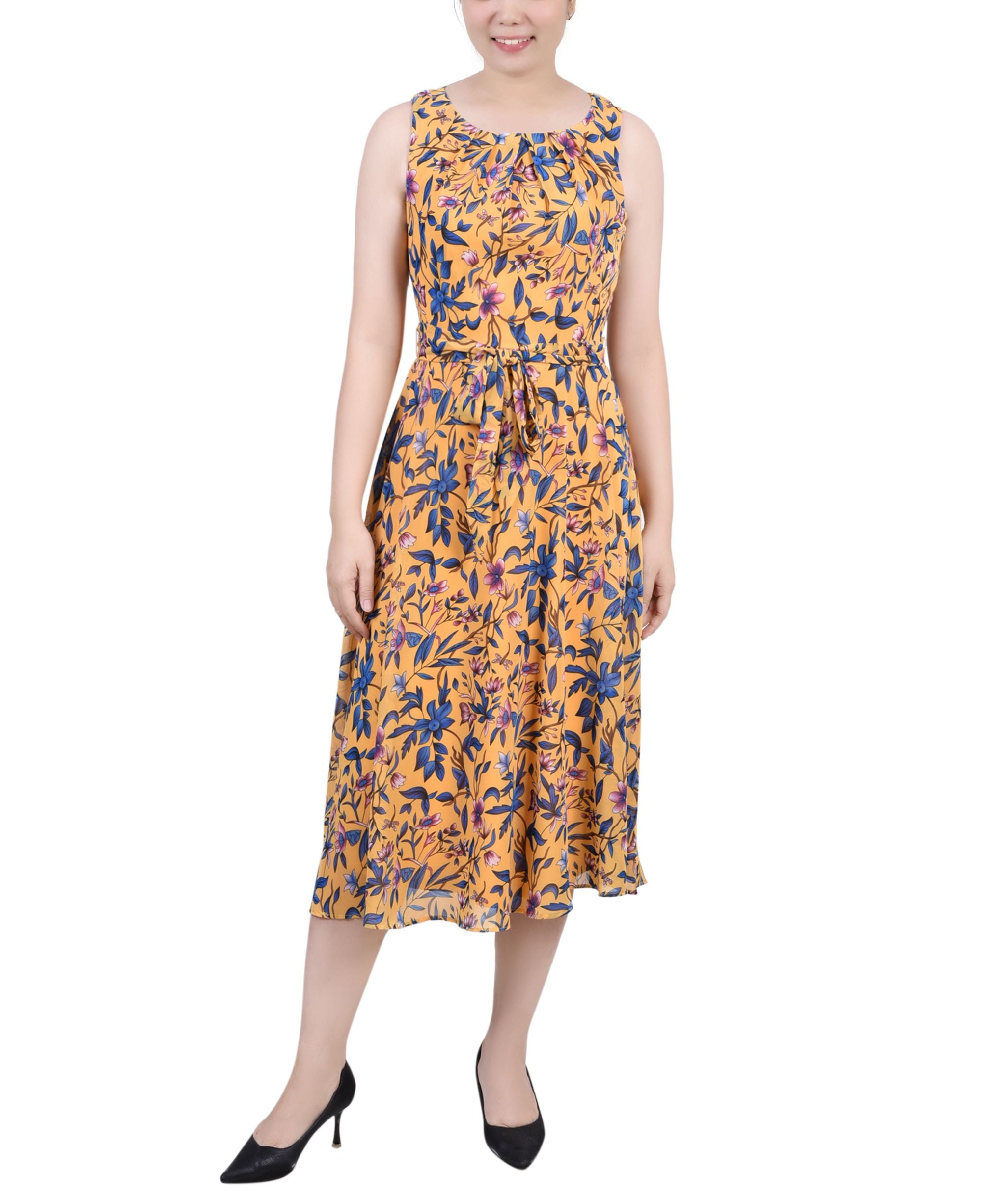 Petite Sleeveless Chiffon Belted Dress