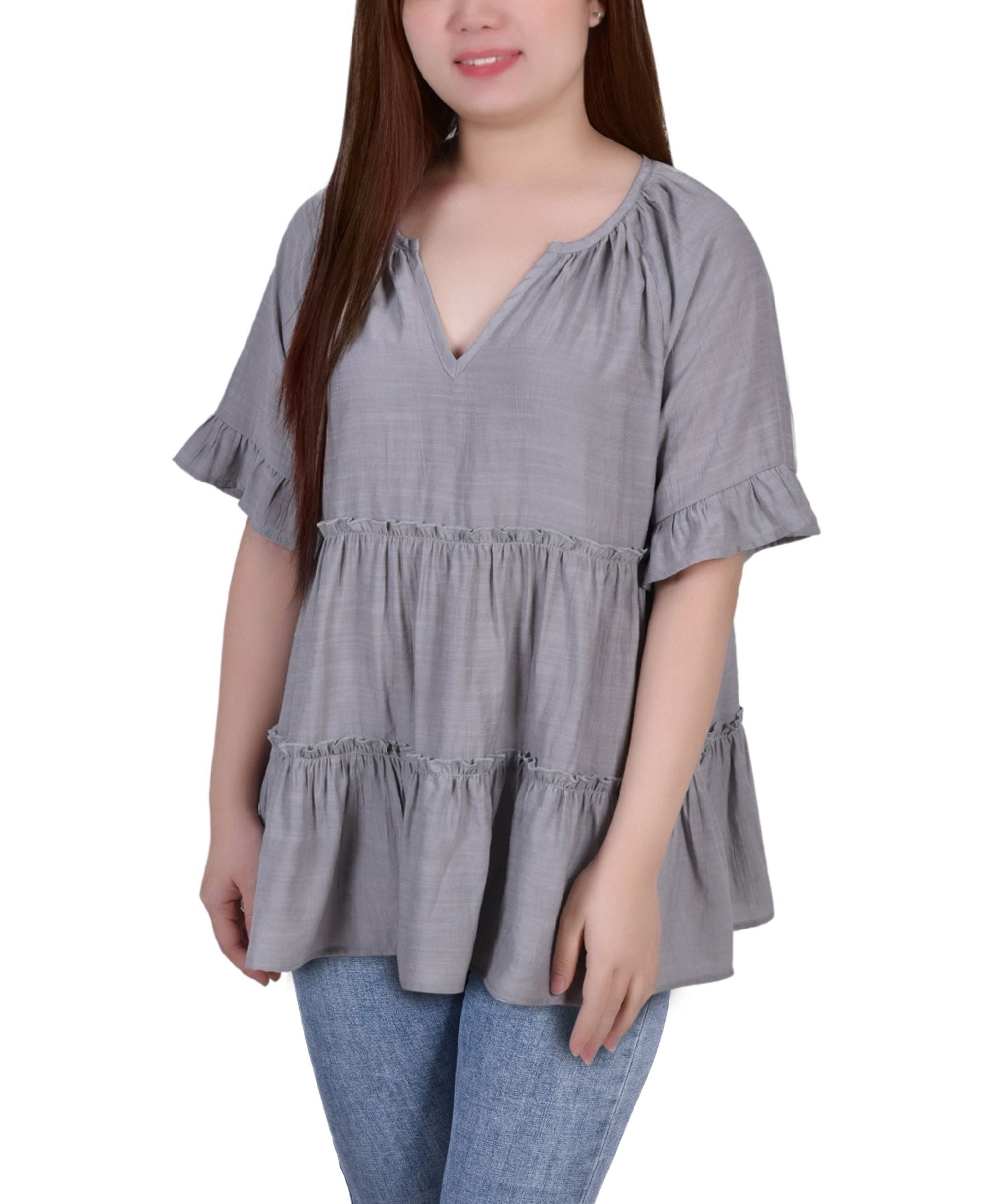 Petite Size Short-Sleeve Tiered Flounce Signature Blouse