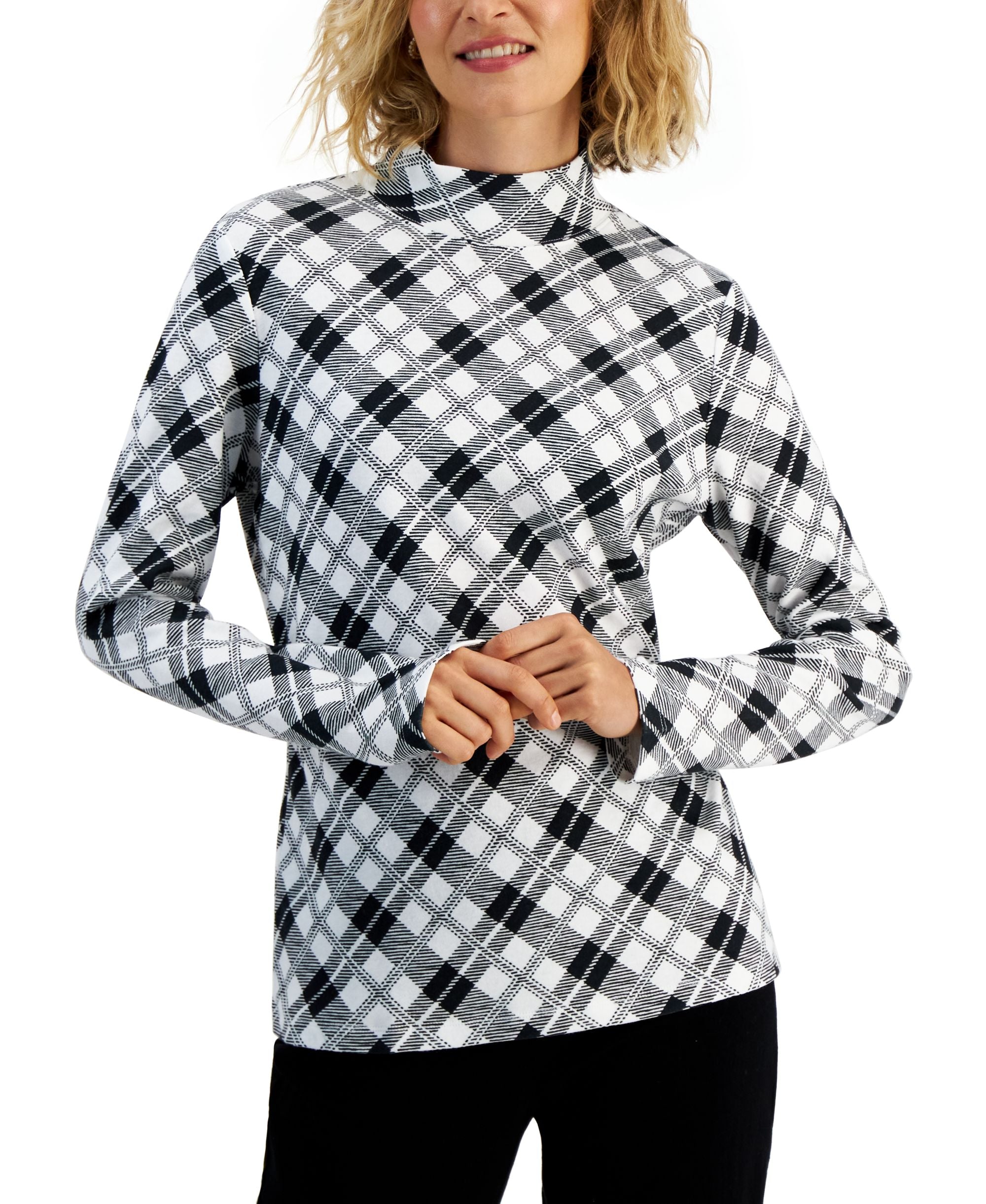 Karen Scott Womens Plaid Mock Neck Premium Top
