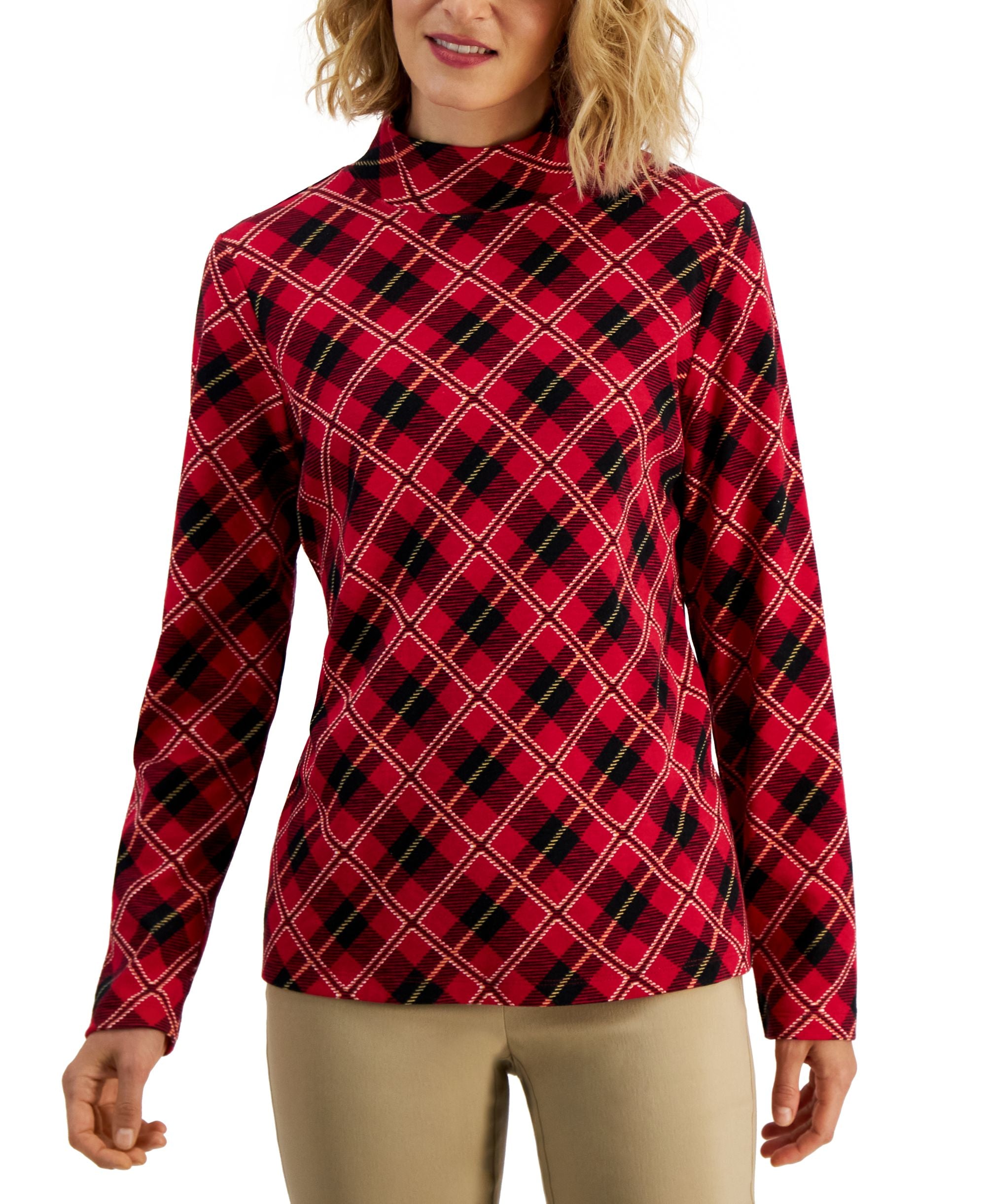 Karen Scott Womens Plaid Mock Neck Premium Top